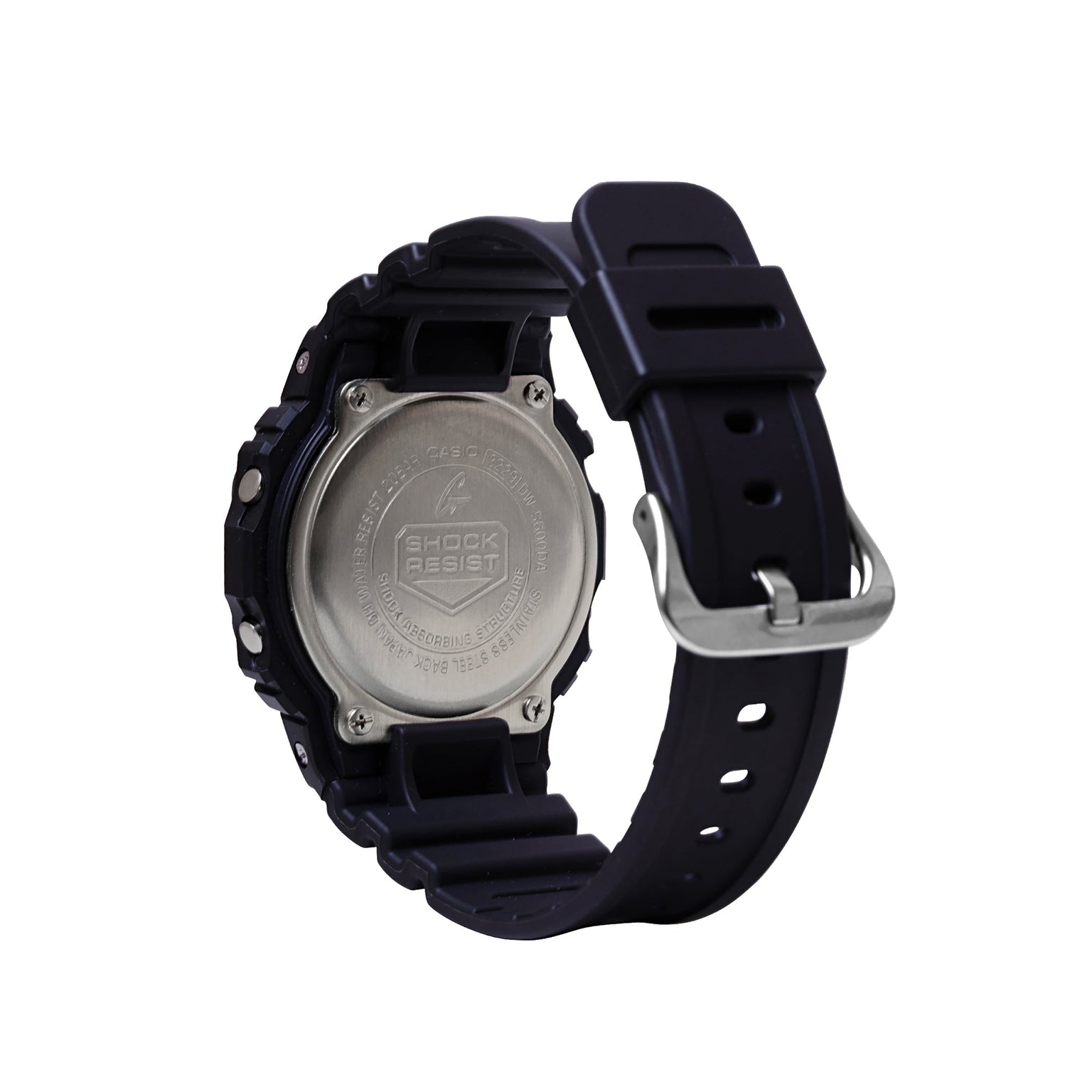 Black resin digital watch with metal caseback, black band with metal buckle, shown from rear view.