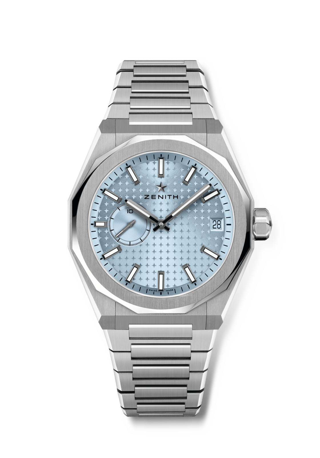 The Zenith Defy Skyline features a silver metal bracelet, a light blue textured dial, and a date display at 3 o’clock.