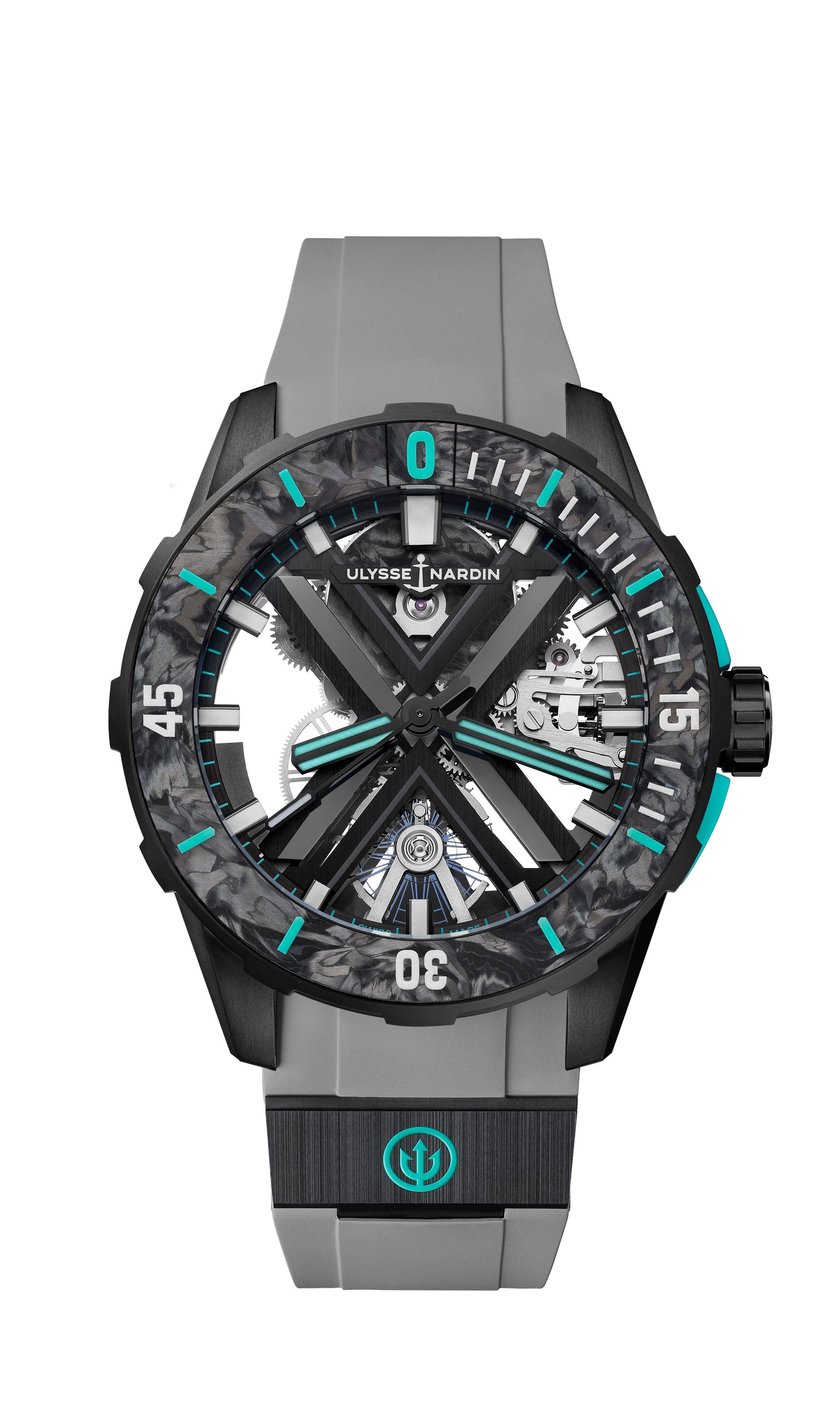 Ulysse Nardin Diver [X SKELETON ONE MORE WAVE]: gray and black sports watch with turquoise accents, visible gears, and Ulysse Nardin logo on the dial.