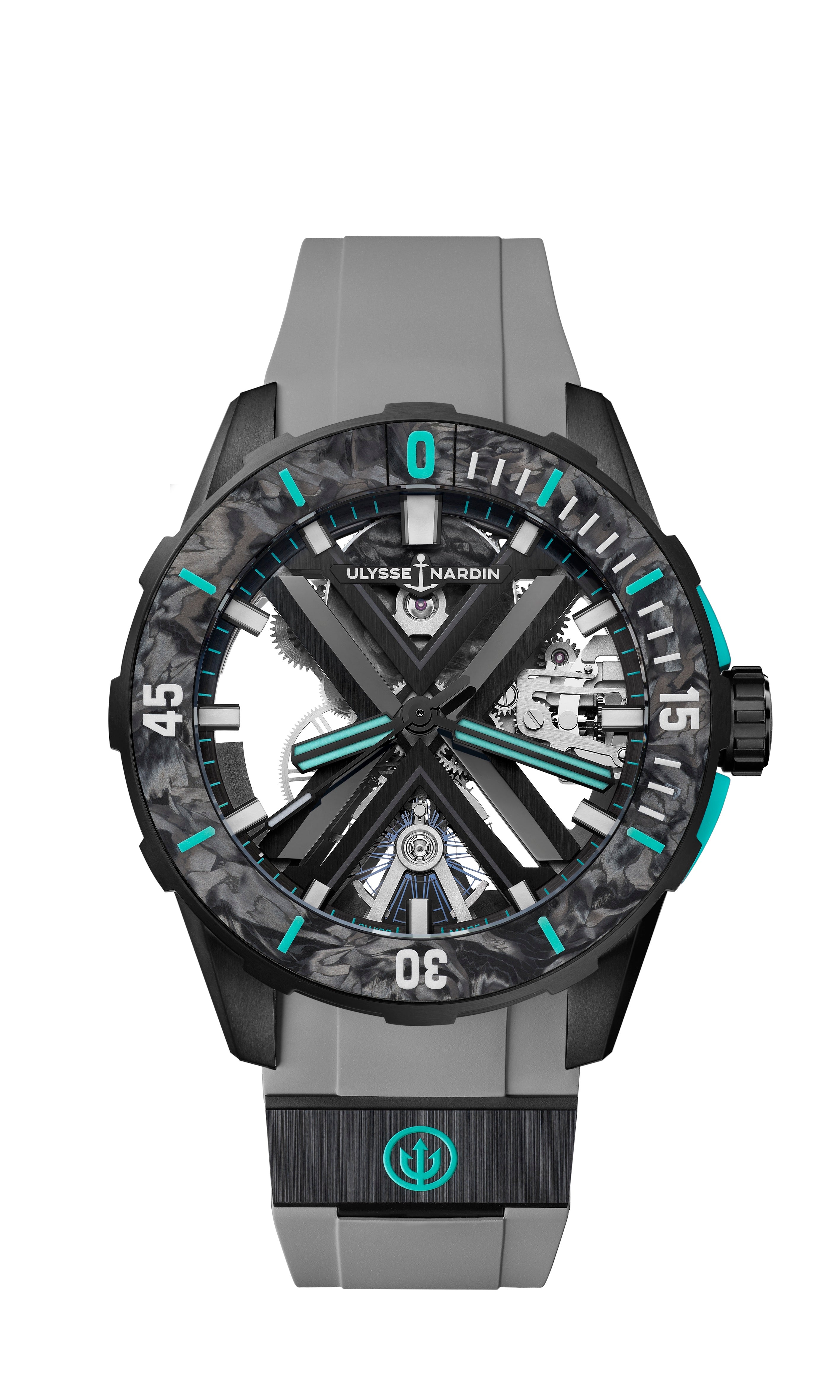 Ulysse Nardin Diver [X SKELETON ONE MORE WAVE]: gray and black sports watch with turquoise accents, visible gears, and Ulysse Nardin logo on the dial.