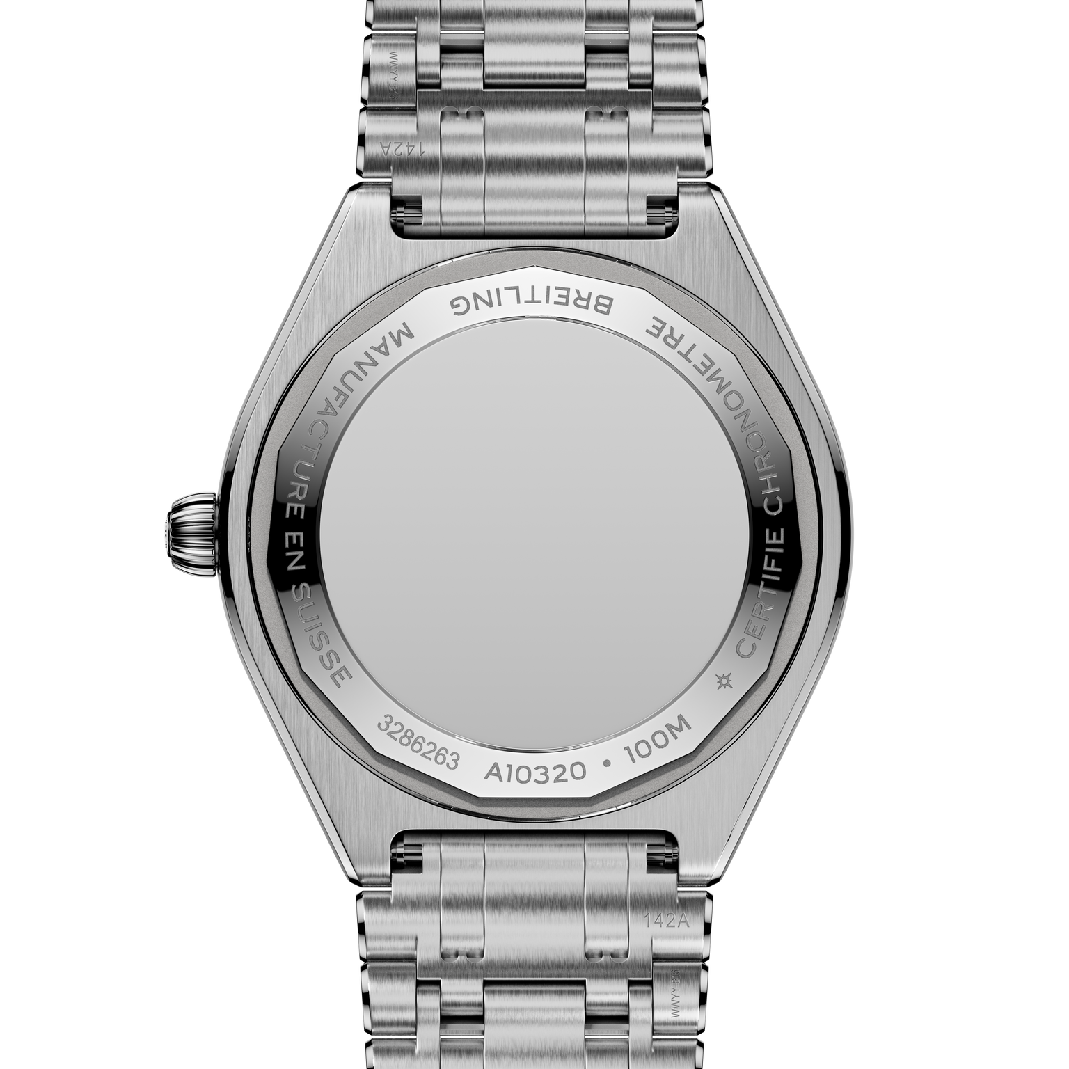 Stainless steel watch with linked bracelet, visible case back showing engraved text and 100M water resistance rating.