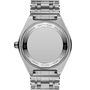 Stainless steel watch with linked bracelet, visible case back showing engraved text and 100M water resistance rating.