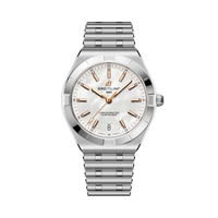Breitling Chronomat Automatic 36 with silver dial, rose gold indices, and stainless steel bracelet.
