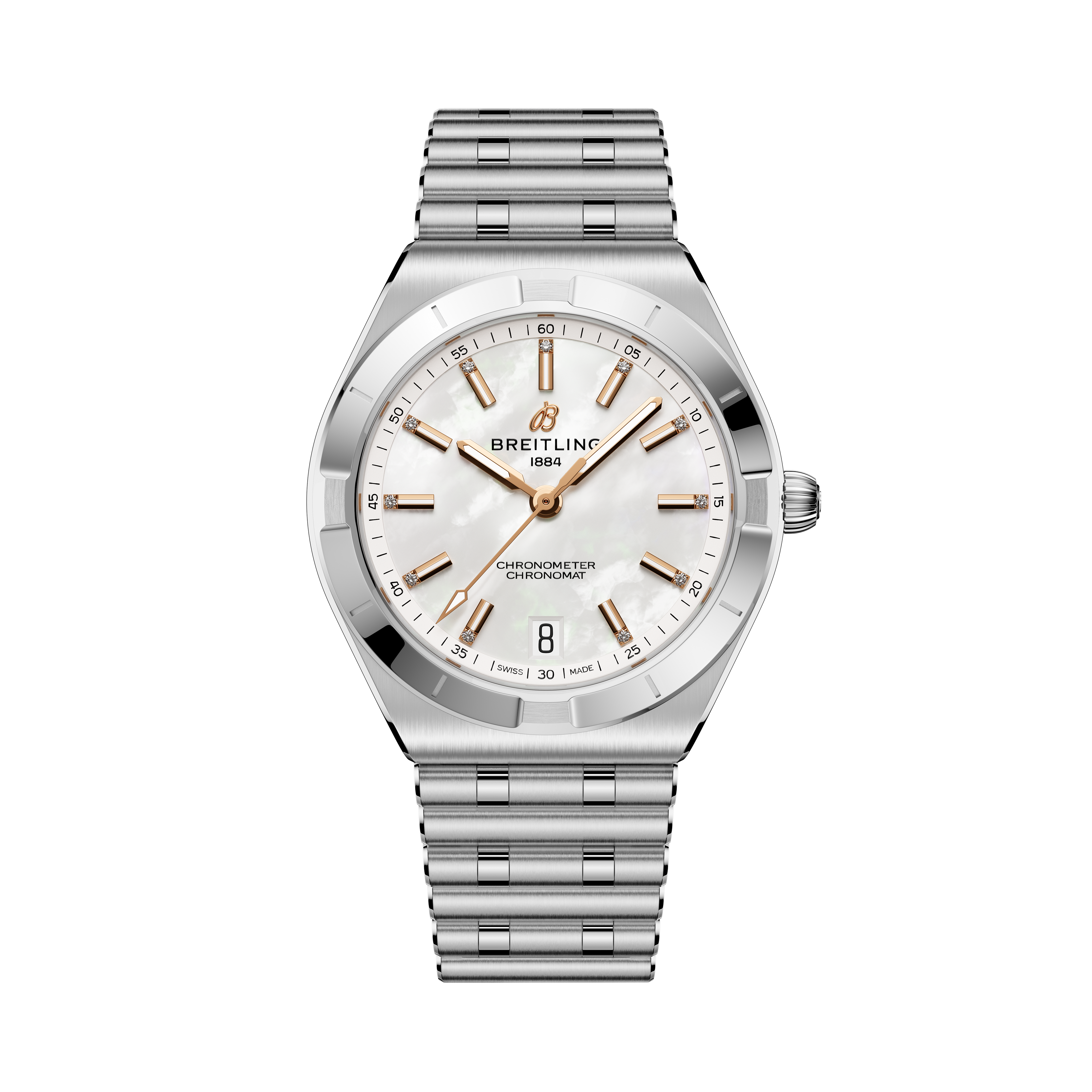 Breitling Chronomat Automatic 36 with silver dial, rose gold indices, and stainless steel bracelet.