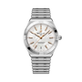 Breitling Chronomat Automatic 36 with silver dial, rose gold indices, and stainless steel bracelet.