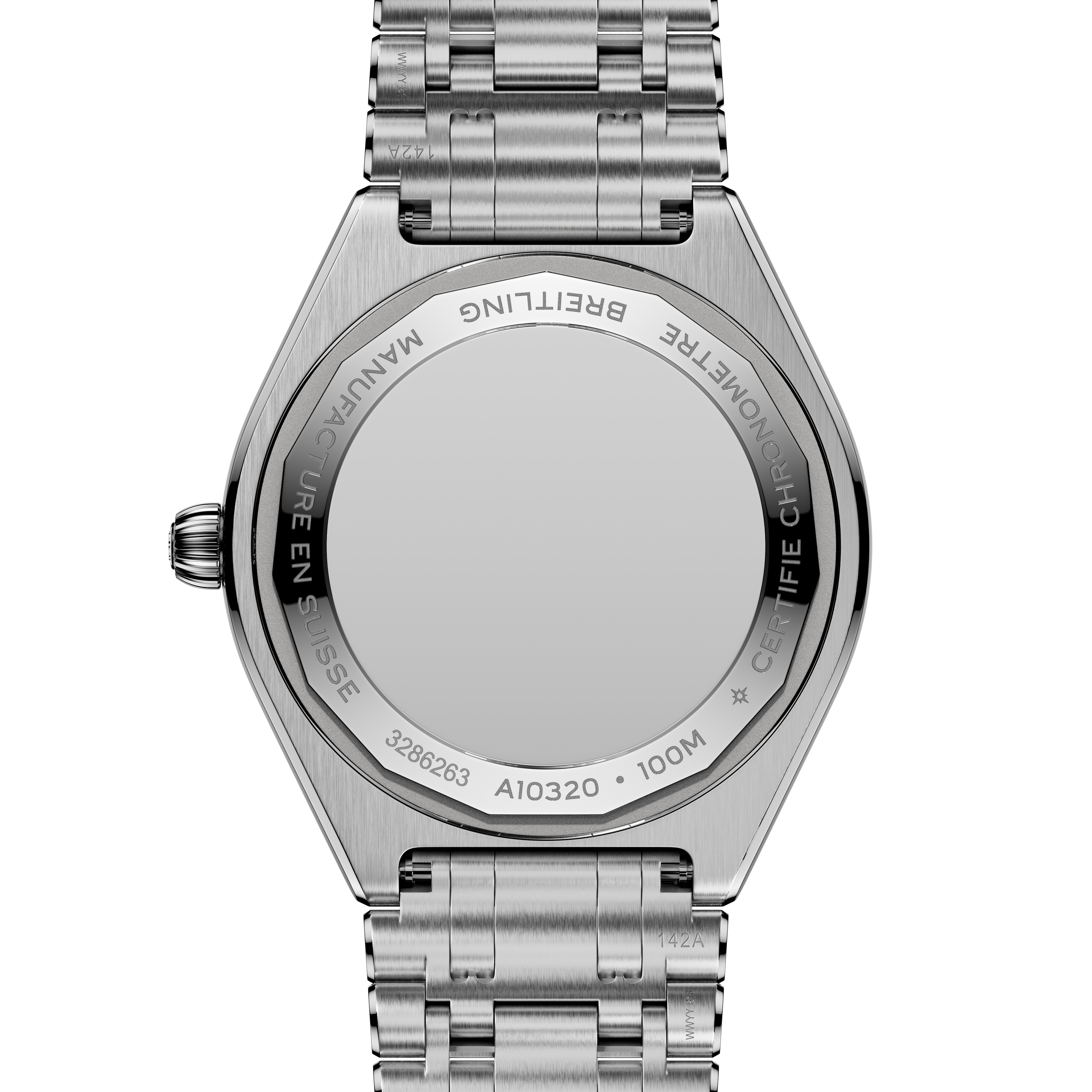Stainless steel watch with linked bracelet, round case with engraved caseback, and crown at 3 o'clock position.