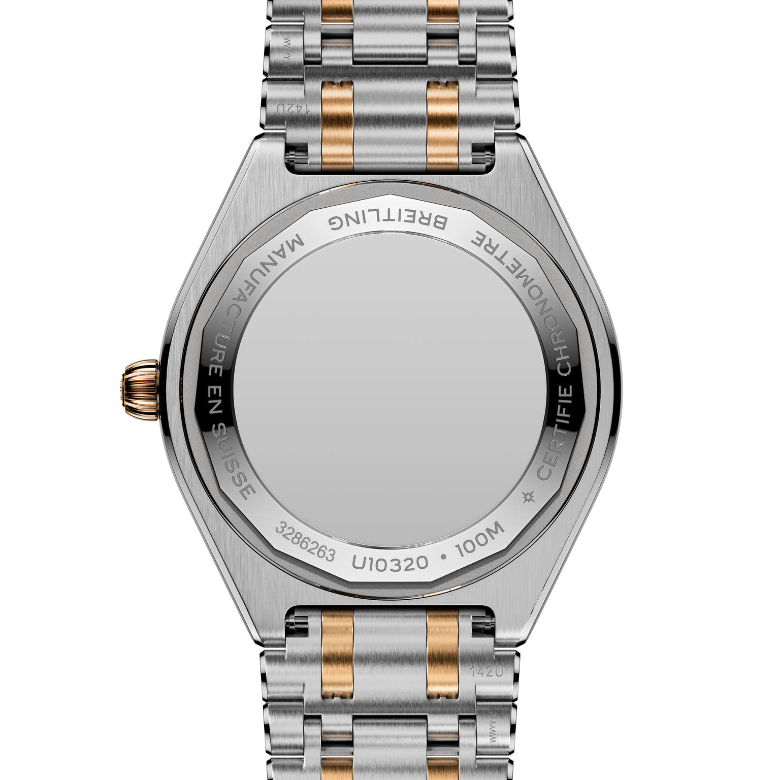 Steel and rose gold two-tone bracelet watch with octagonal case and engraved caseback, shown from rear view.