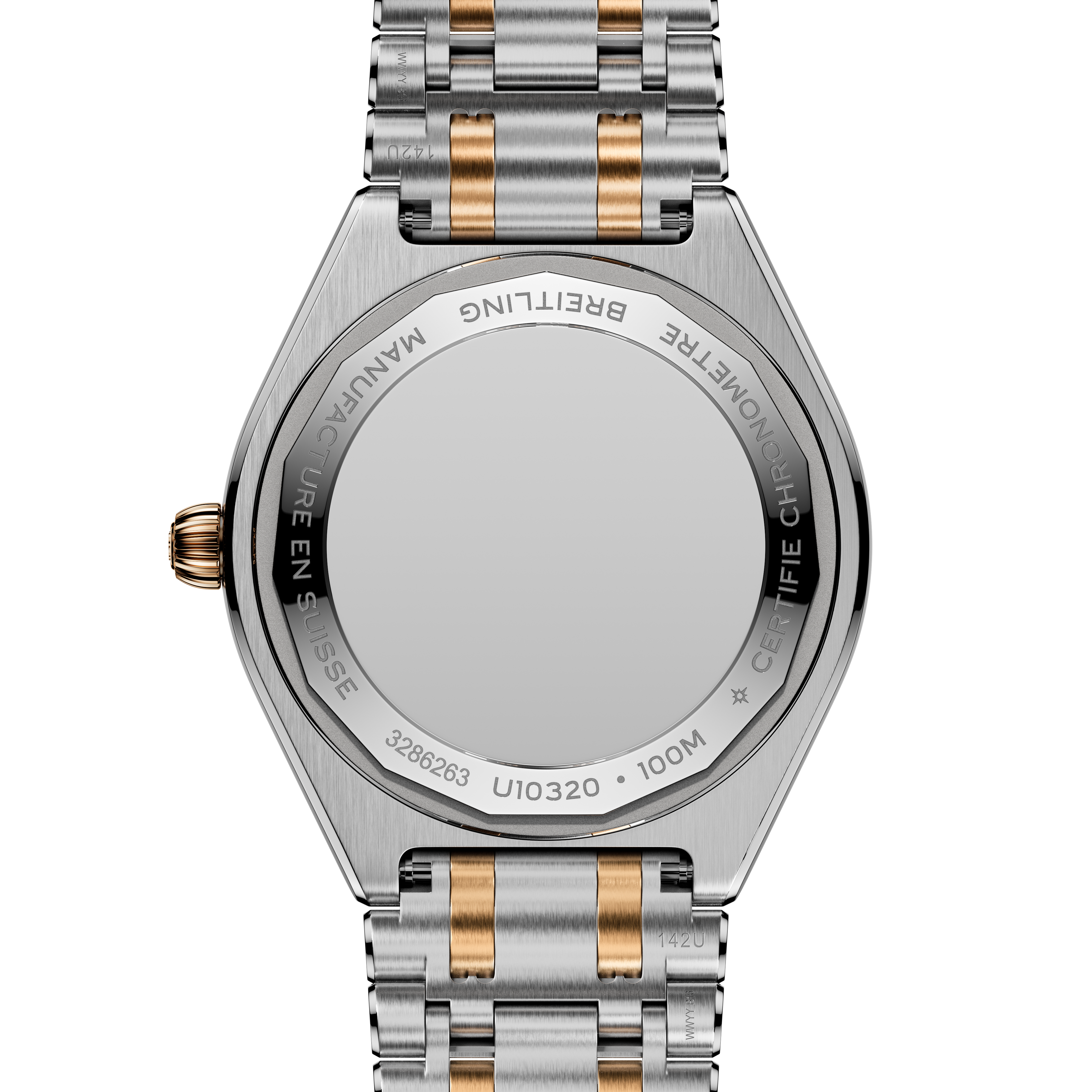 Steel and rose gold two-tone bracelet watch with octagonal case and engraved caseback, shown from rear view.