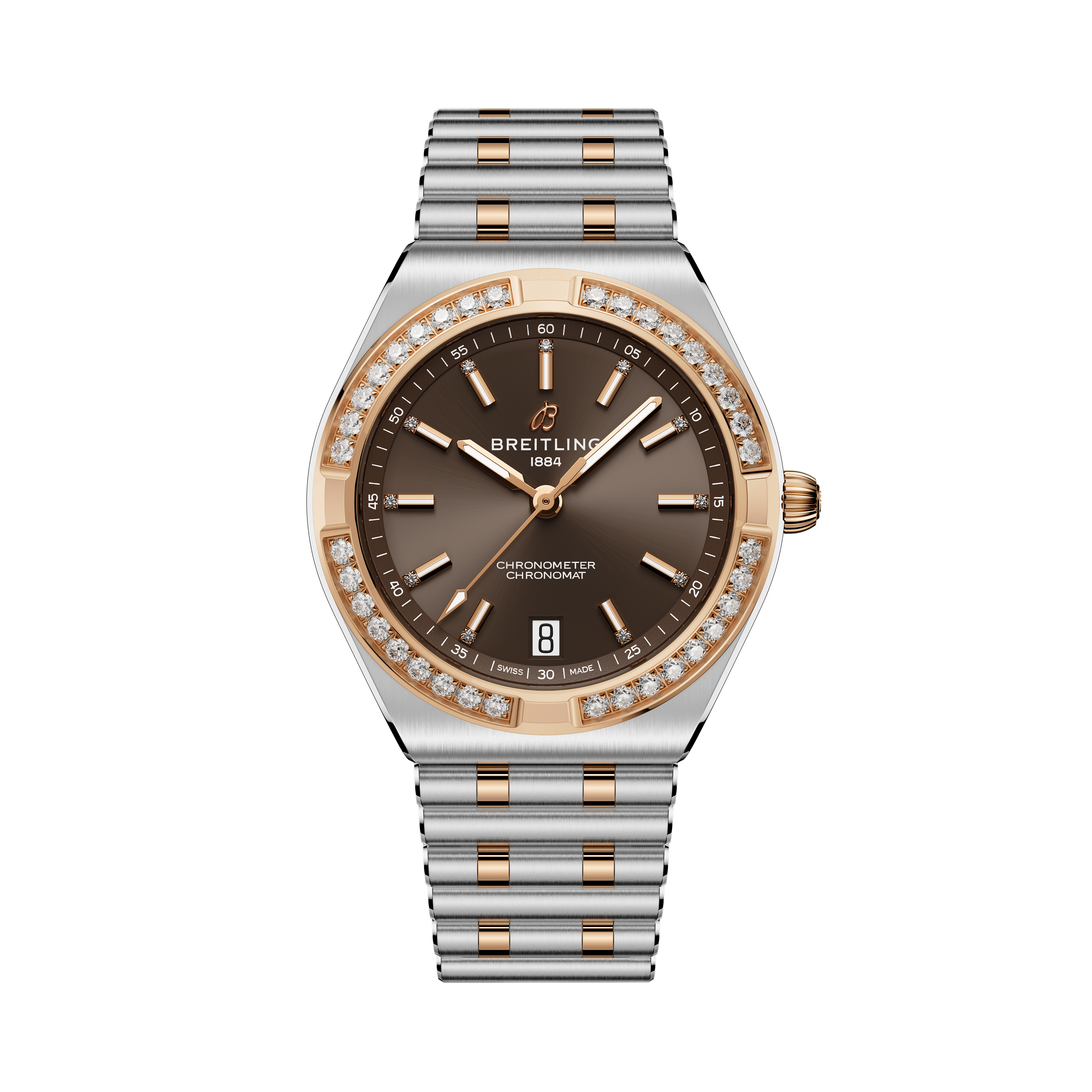 Breitling Chronomat Automatic 36 with two-tone steel and rose gold bracelet, diamond bezel, and dark gray dial.