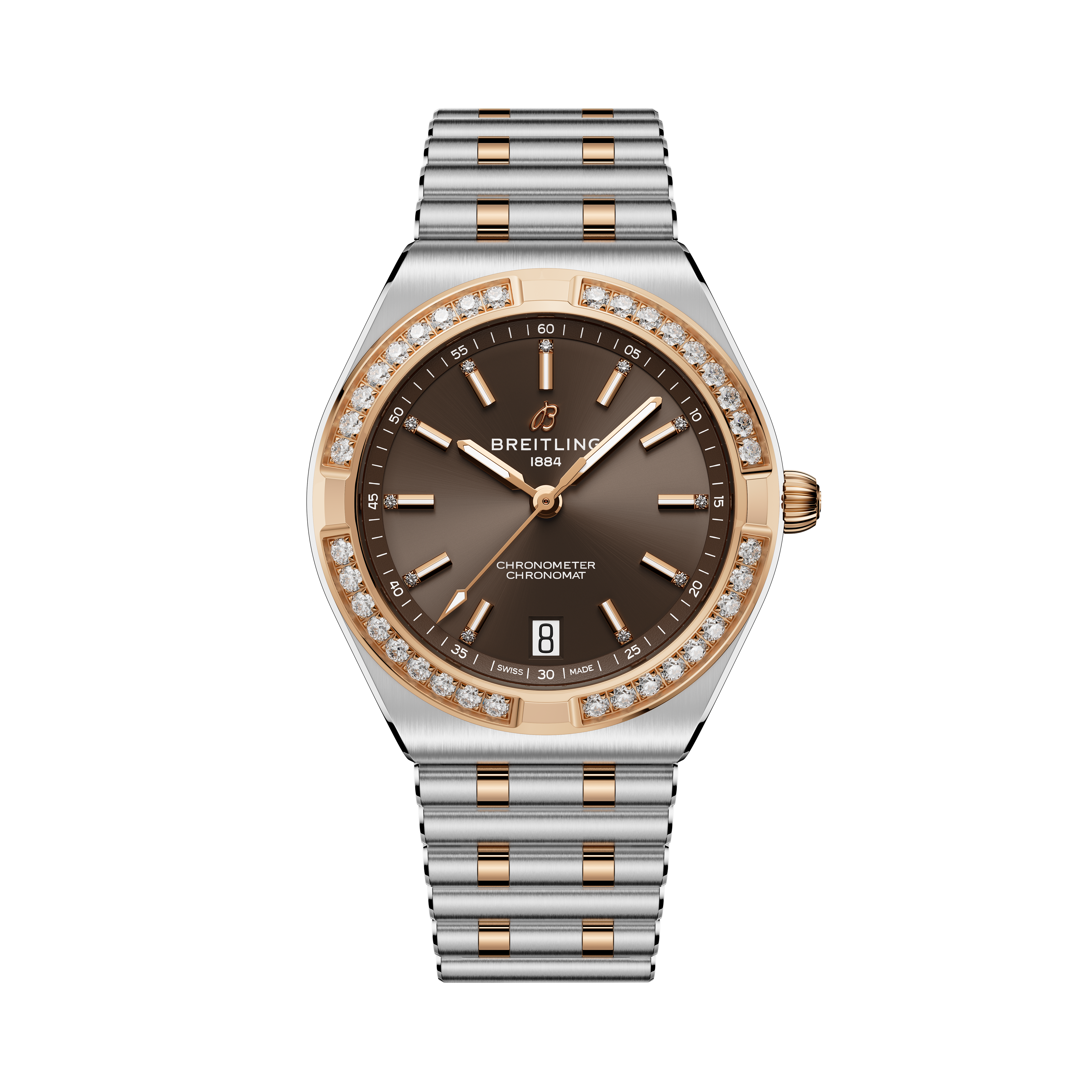 Breitling Chronomat Automatic 36 with two-tone steel and rose gold bracelet, diamond bezel, and dark gray dial.