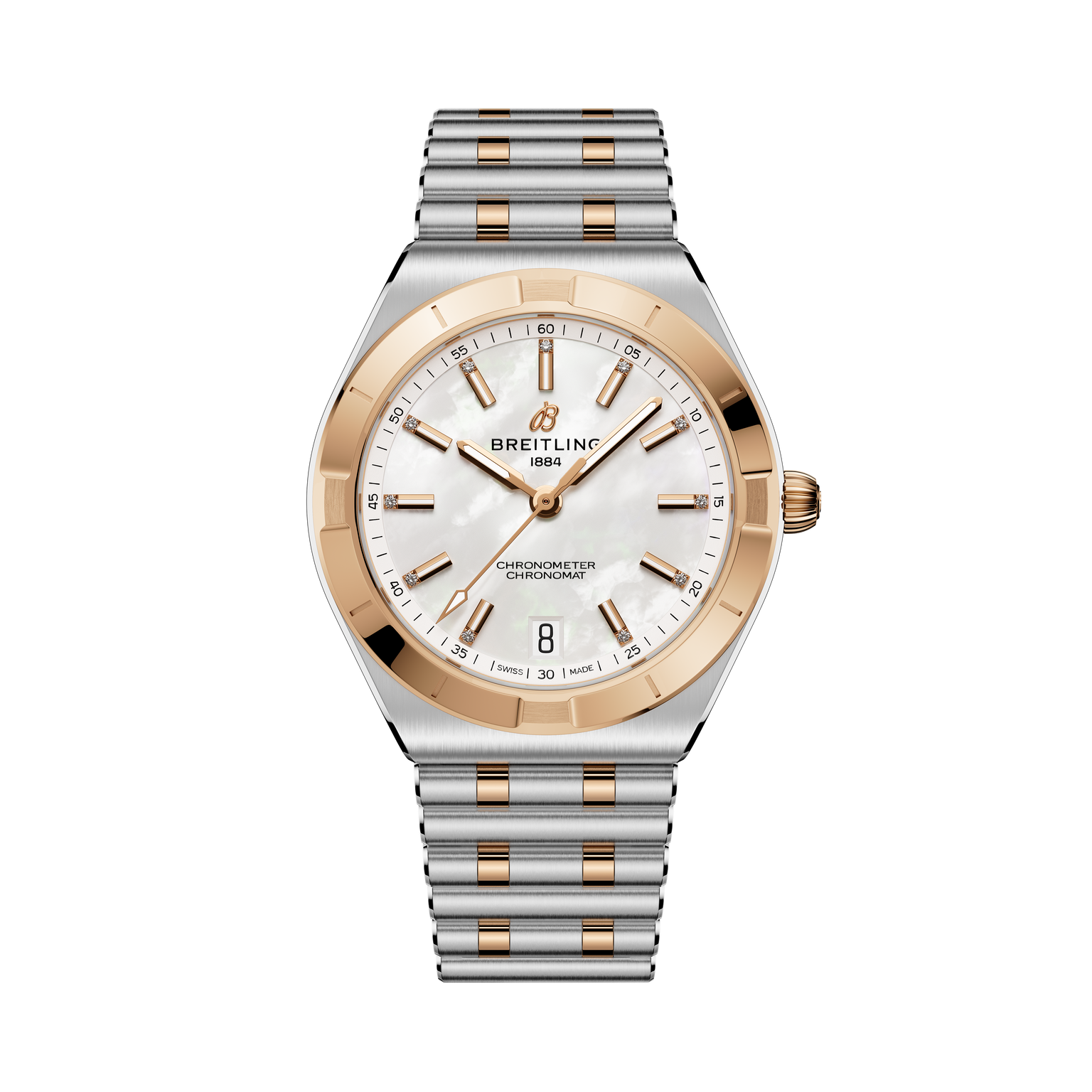 Breitling Chronomat Automatic 36 watch with two-tone stainless steel and rose gold case, white dial, and matching bracelet.