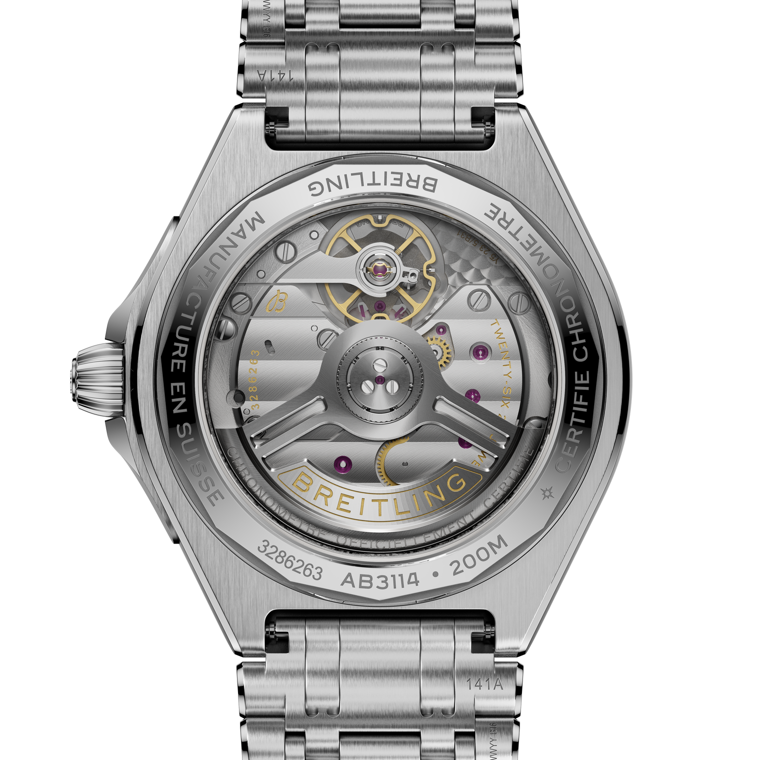 Stainless steel watch with visible automatic movement, sapphire caseback, and linked metal bracelet.