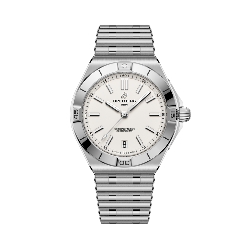 Stainless steel watch with white dial, applied indices, date window, and matching metal bracelet.