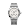 Stainless steel watch with white dial, applied indices, date window, and matching metal bracelet.