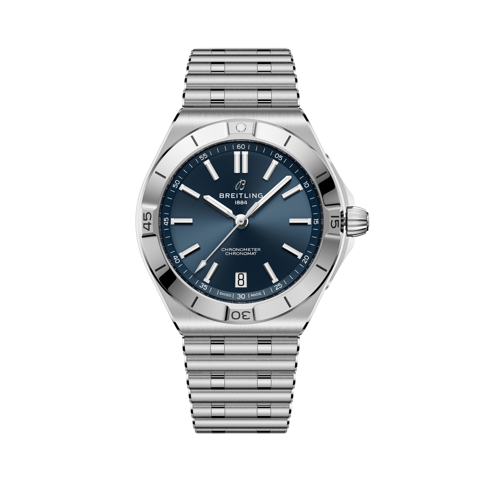 Stainless steel watch with dark blue dial, white hour markers, date window, and matching metal bracelet.