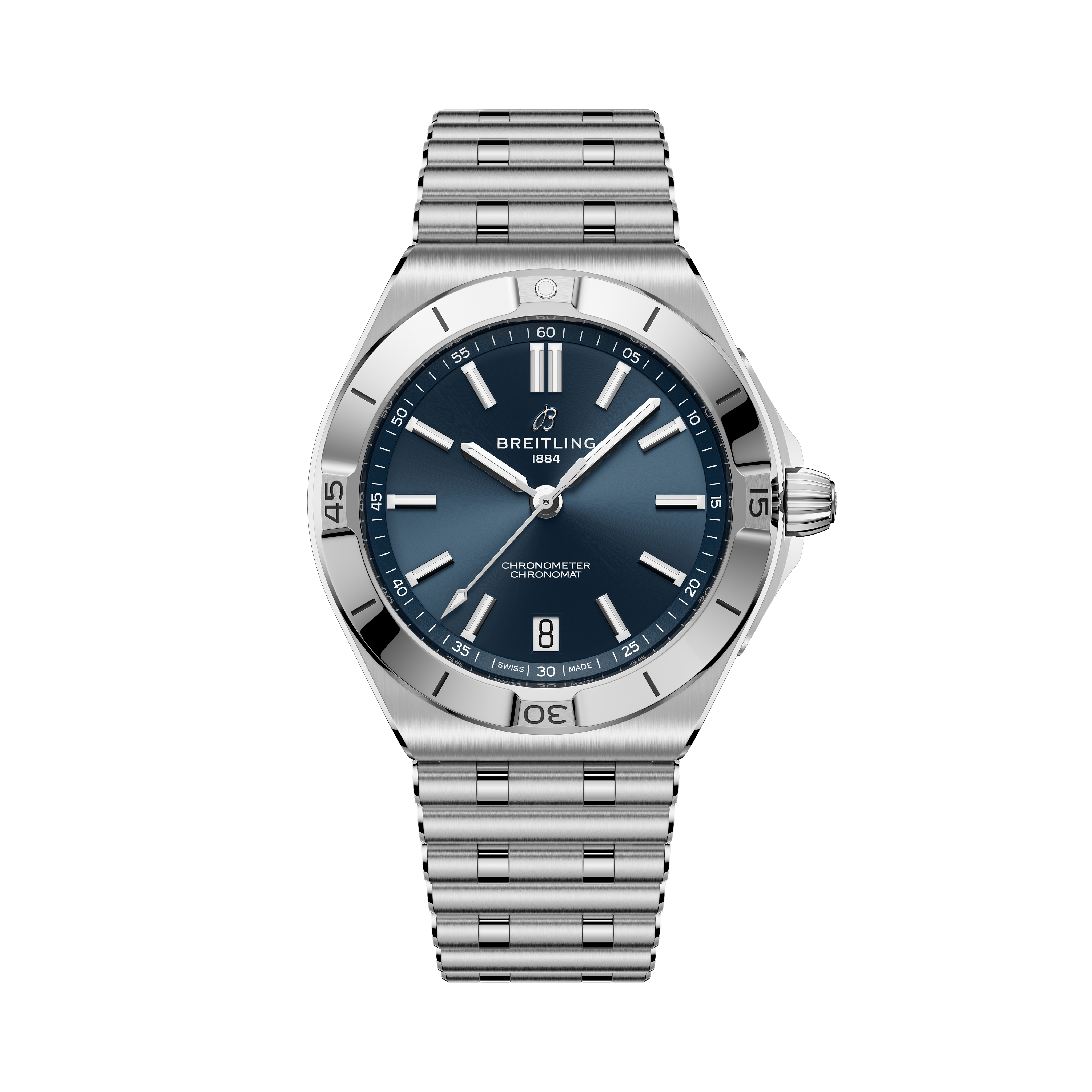 Stainless steel watch with dark blue dial, white hour markers, date window, and matching metal bracelet.