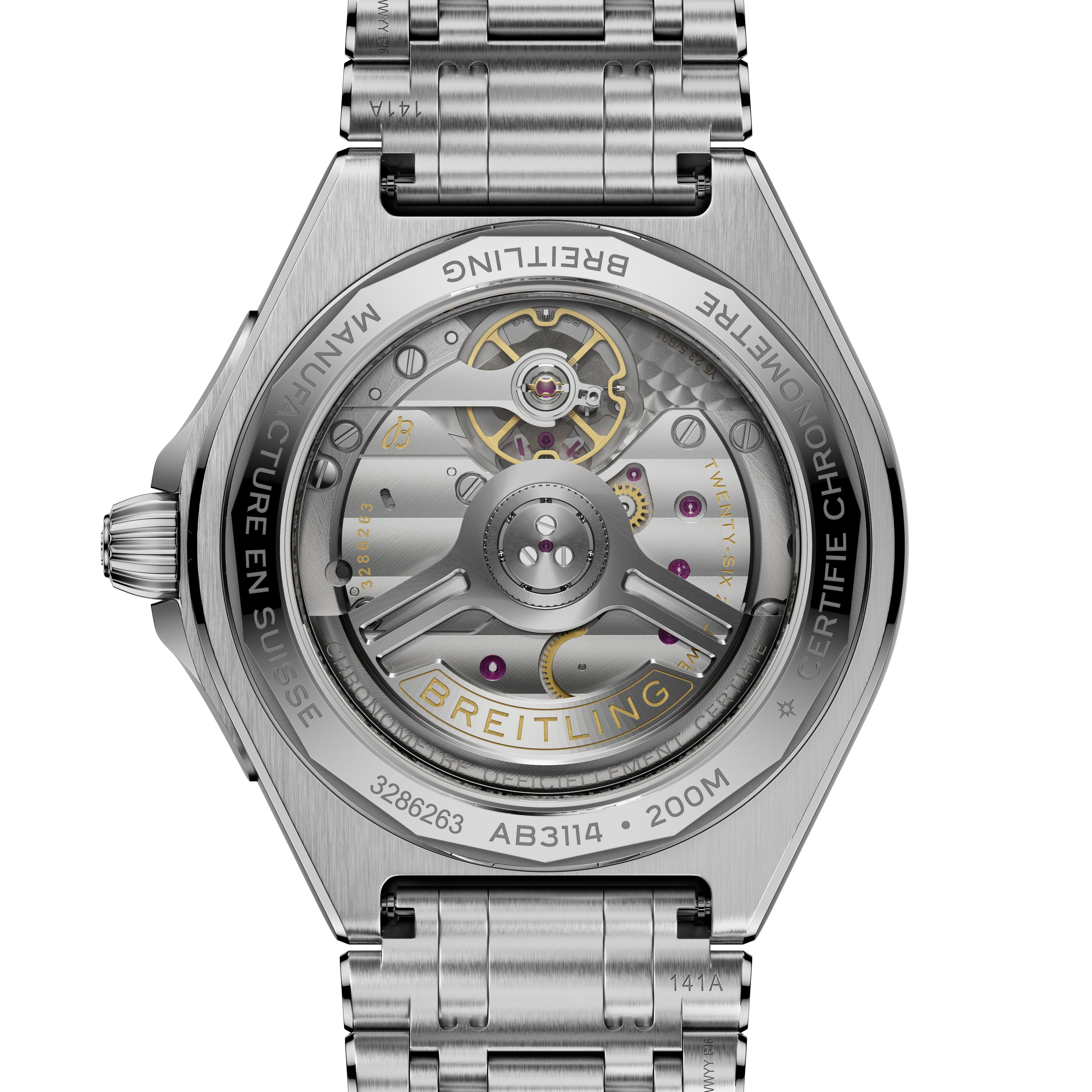 Stainless steel watch with visible automatic movement through transparent caseback, three-link metal bracelet, and Breitling 