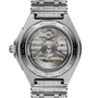 Stainless steel watch with visible automatic movement through transparent caseback, three-link metal bracelet, and Breitling 