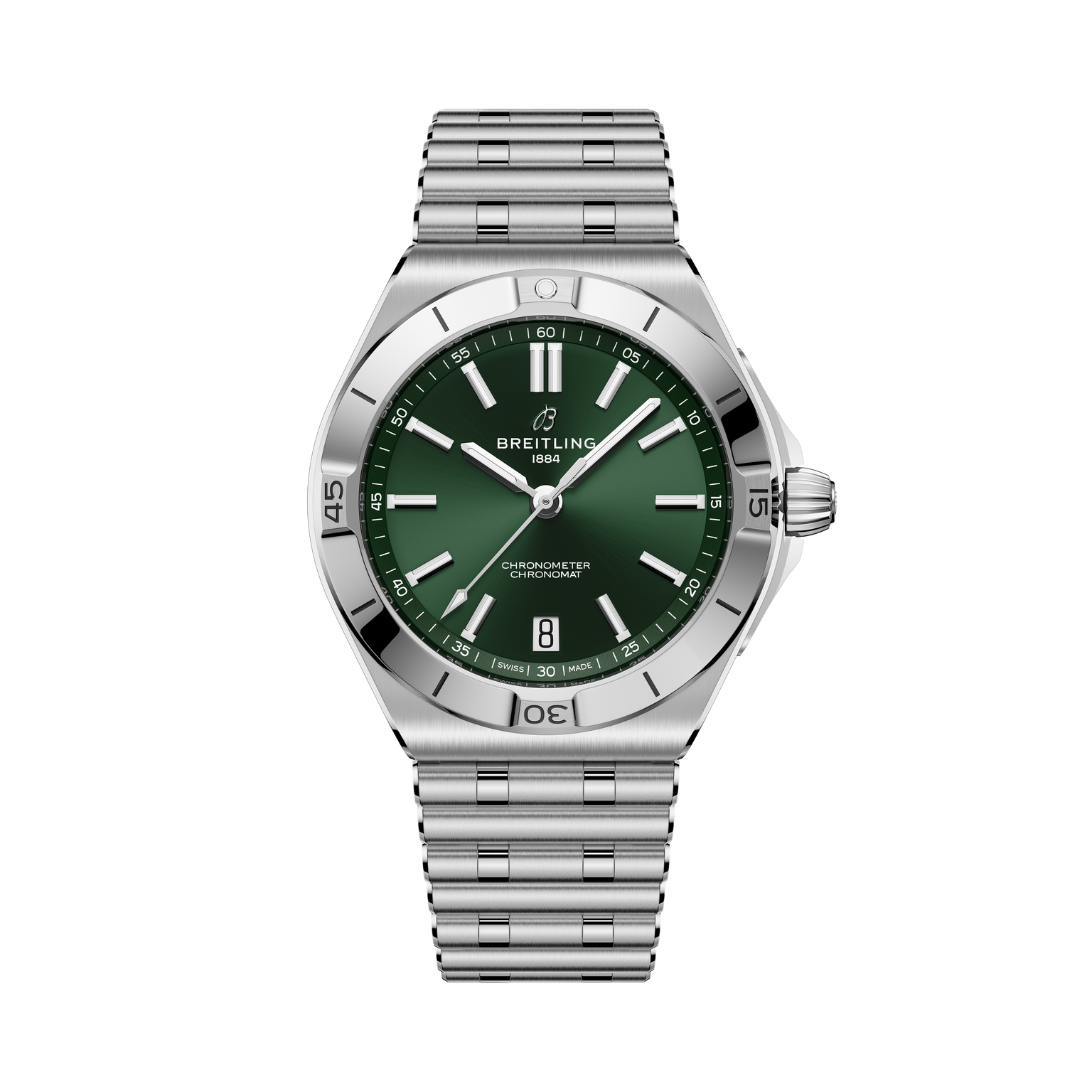 Stainless steel watch with green dial, white hour markers, date window, and matching metal bracelet.