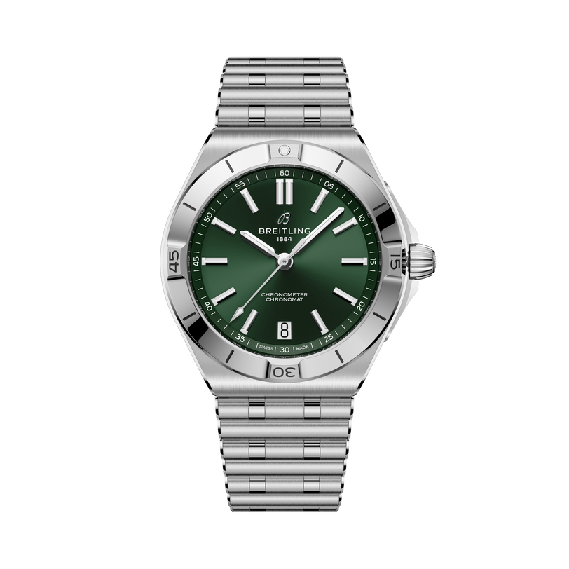 Stainless steel watch with green dial, white hour markers, date window, and matching metal bracelet.