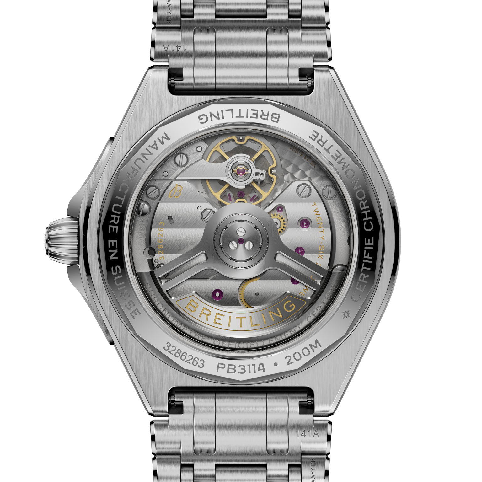 Breitling Chronomat B31 stainless steel watch with visible automatic movement through exhibition caseback and linked metal br