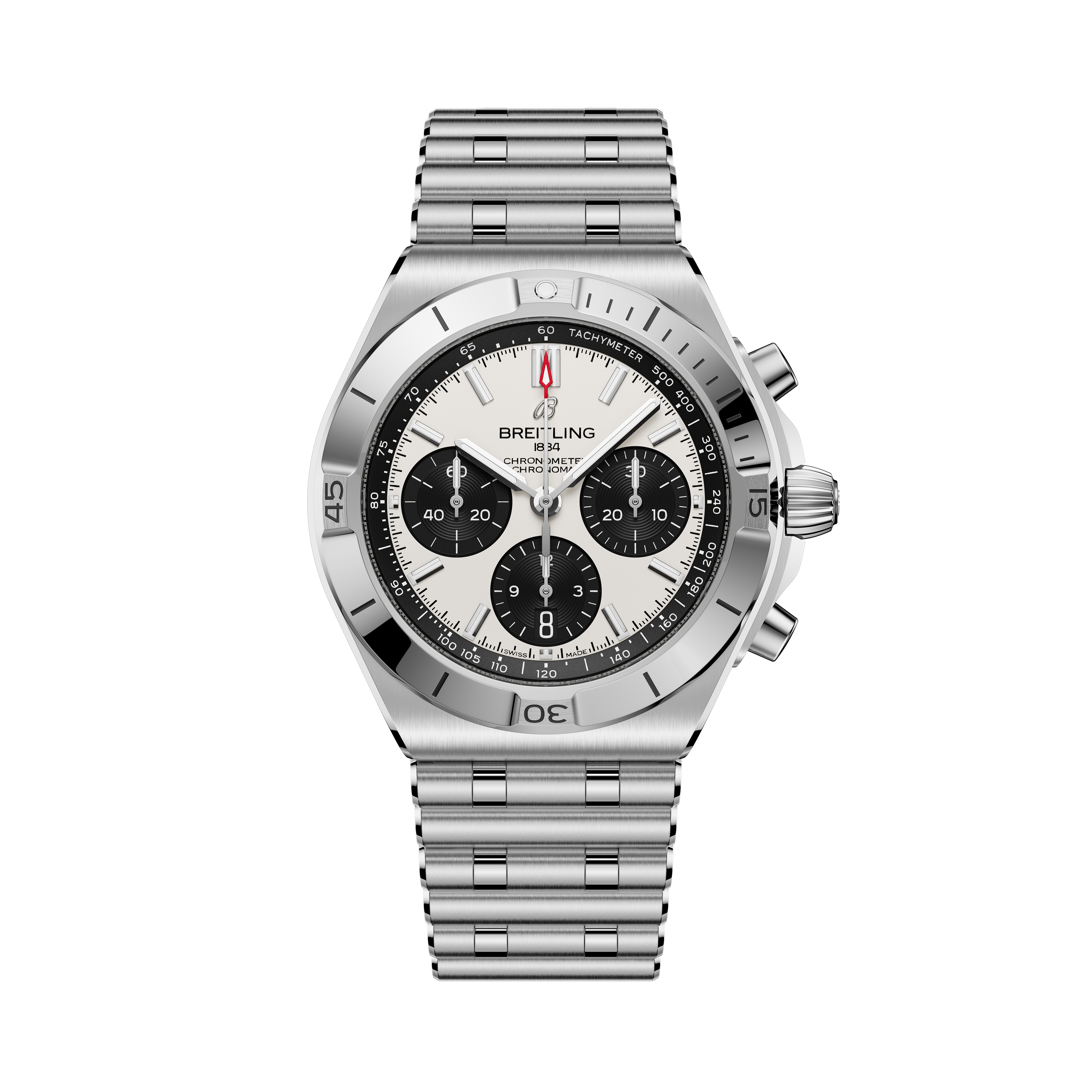 Breitling Chronomat B01 42 stainless steel watch with white dial, three black chronograph subdials, and matching metal bracel