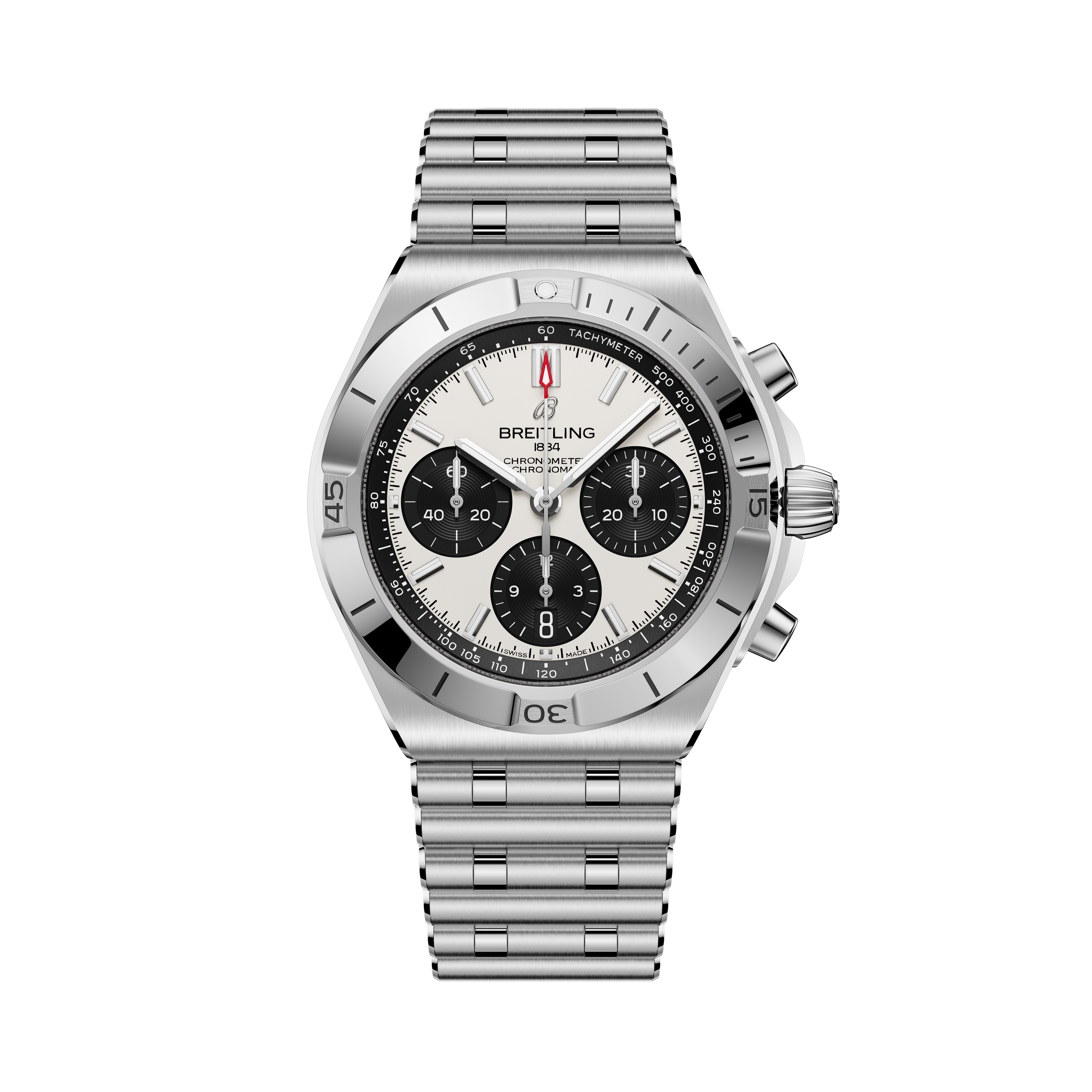 Breitling Chronomat B01 42 stainless steel watch with white dial, three black chronograph subdials, and matching metal bracel