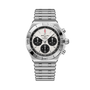 Breitling Chronomat B01 42 stainless steel watch with white dial, three black chronograph subdials, and matching metal bracel