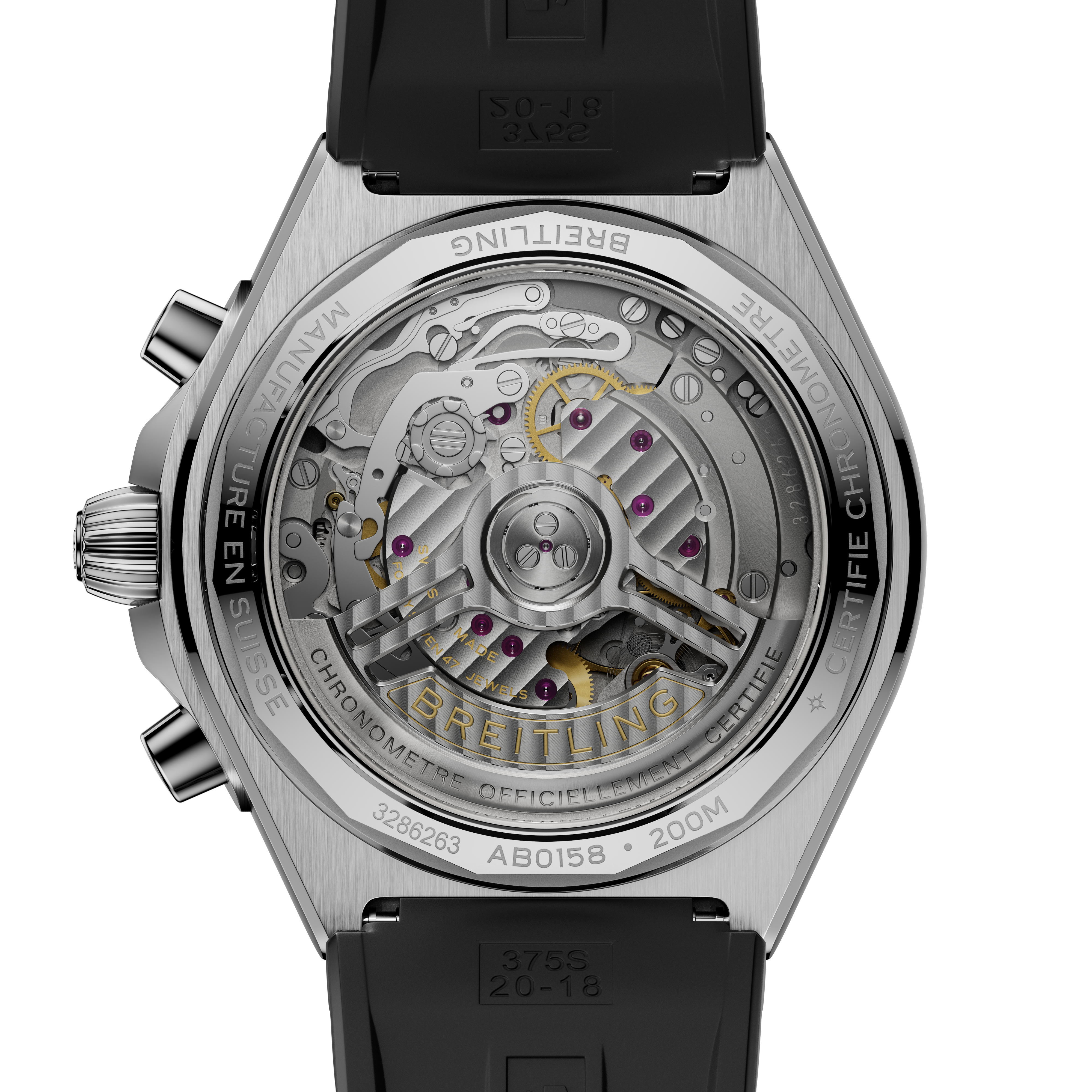 Stainless steel chronograph watch with visible mechanical movement, black rubber strap, and transparent caseback displaying j