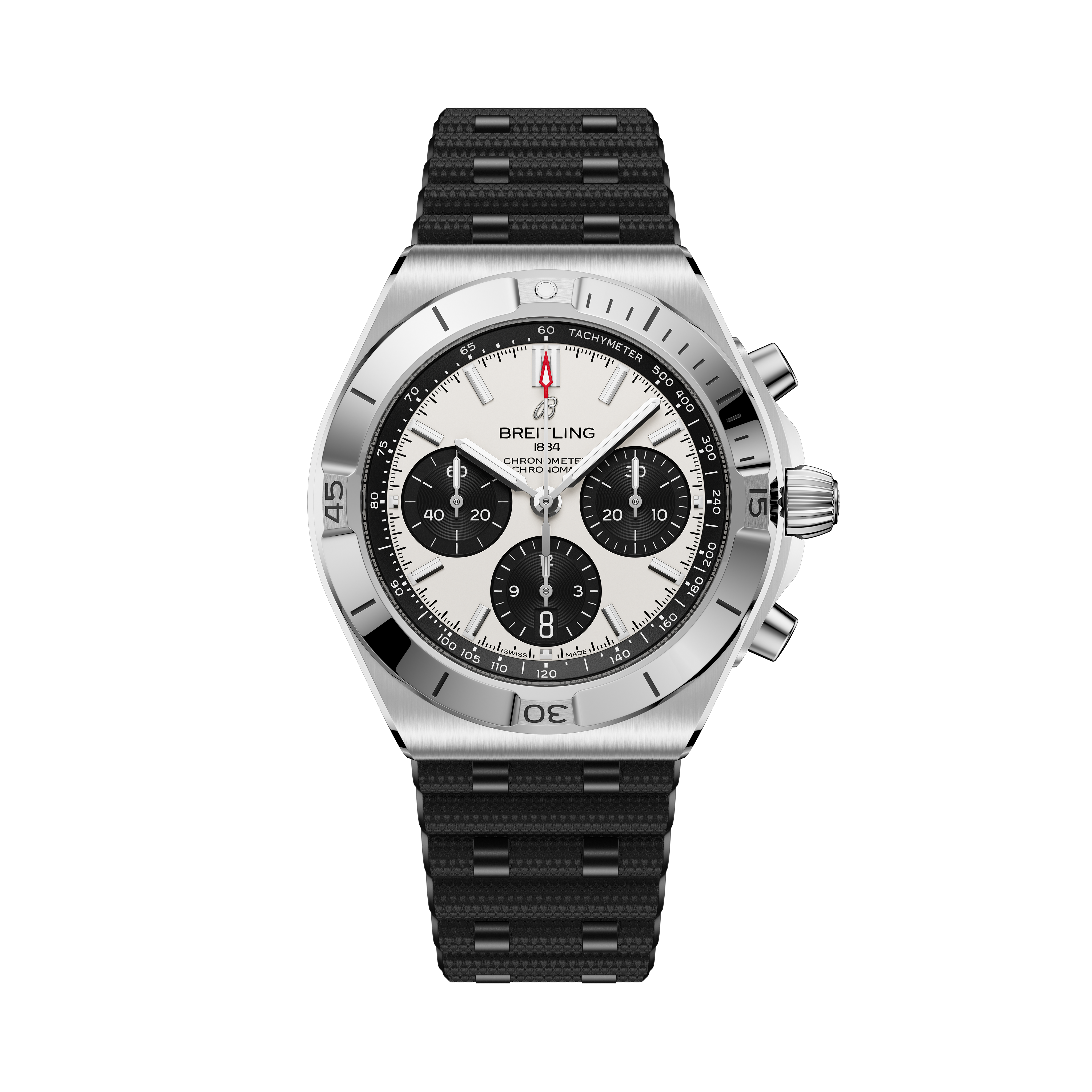 Breitling Chronomat B01 42mm chronograph watch with stainless steel case, cream dial, black subdials, and black rubber strap.