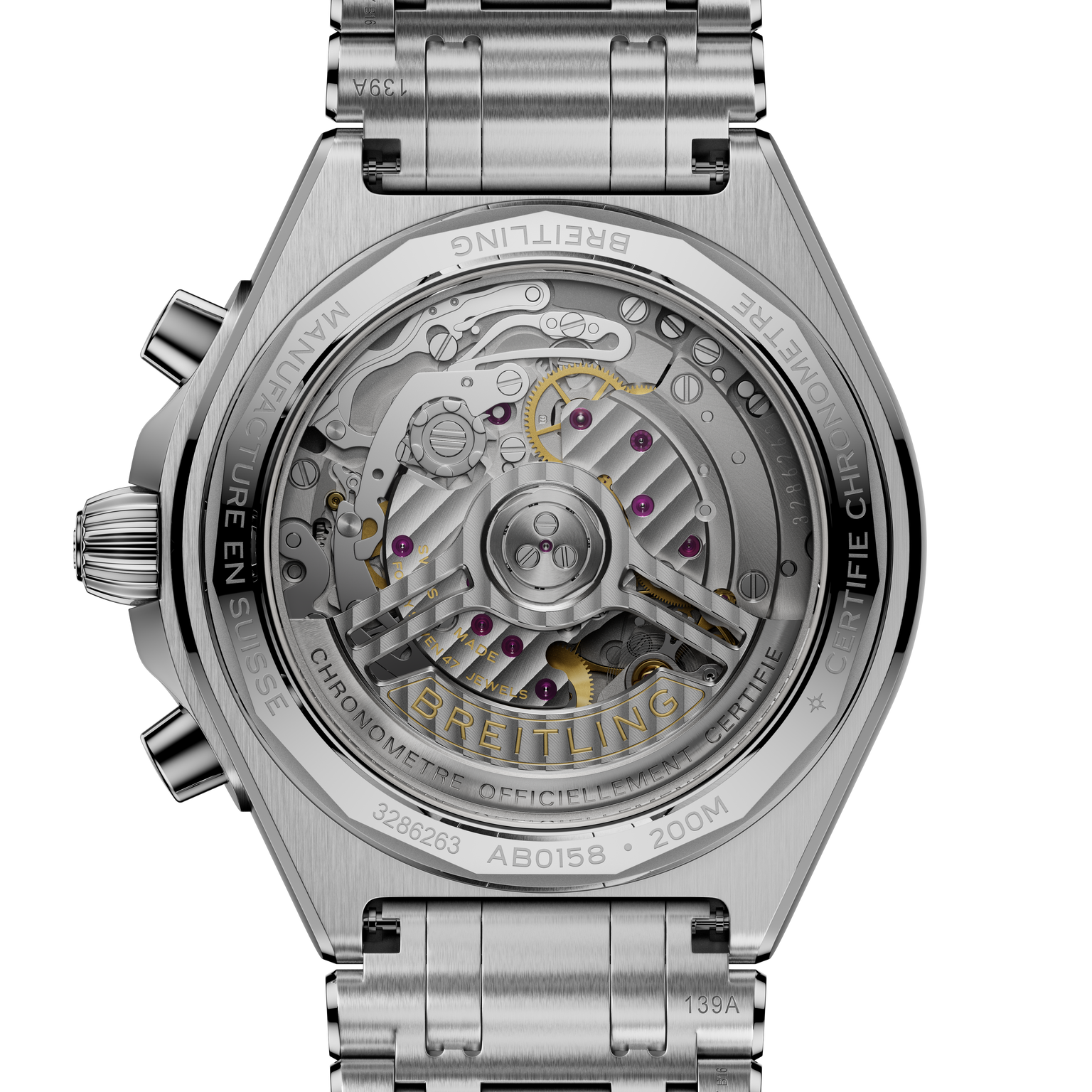 Chronomat B01 42 stainless steel watch with visible mechanical movement, exposed caseback, and integrated metal bracelet.