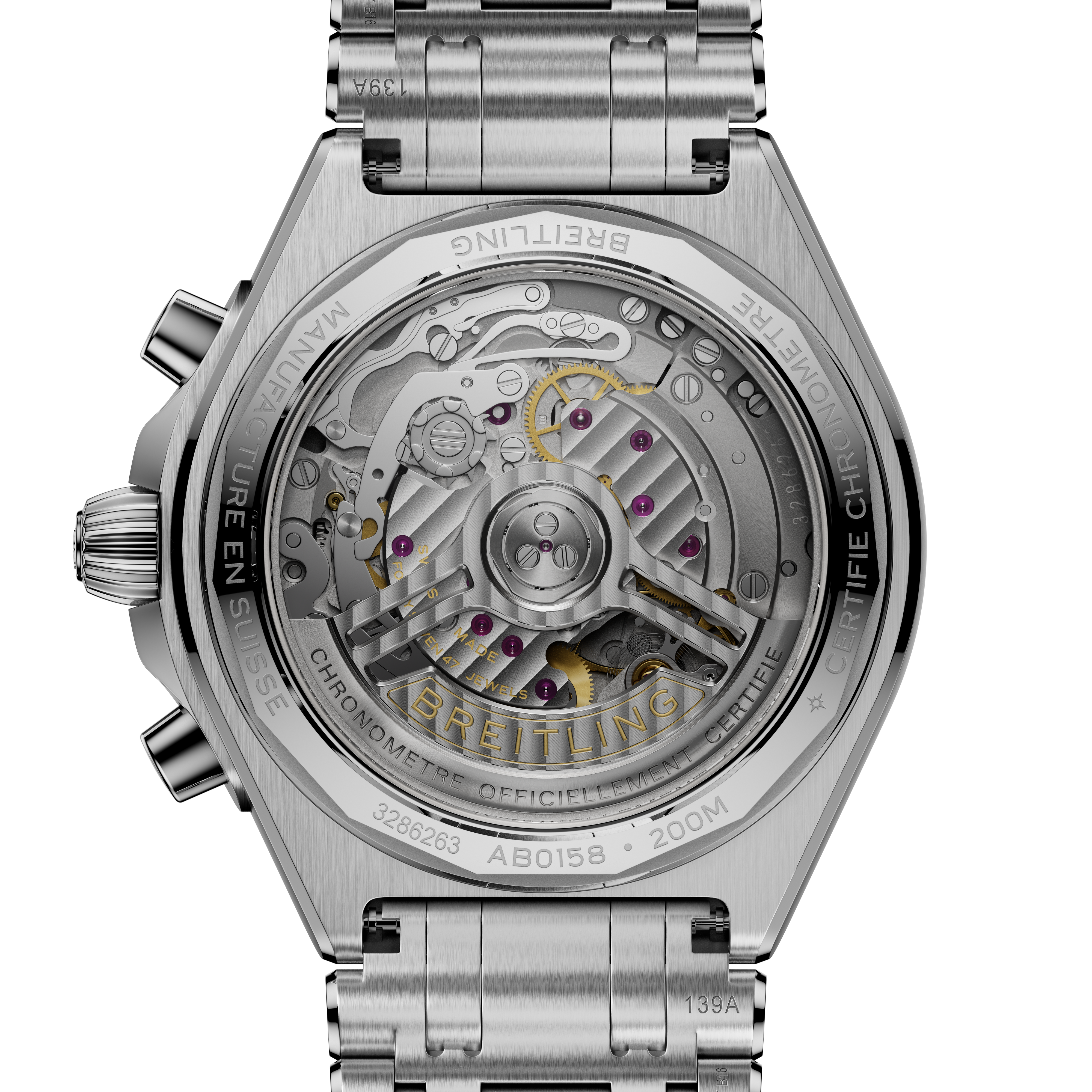 Chronomat B01 42 stainless steel watch with visible mechanical movement, exposed caseback, and integrated metal bracelet.
