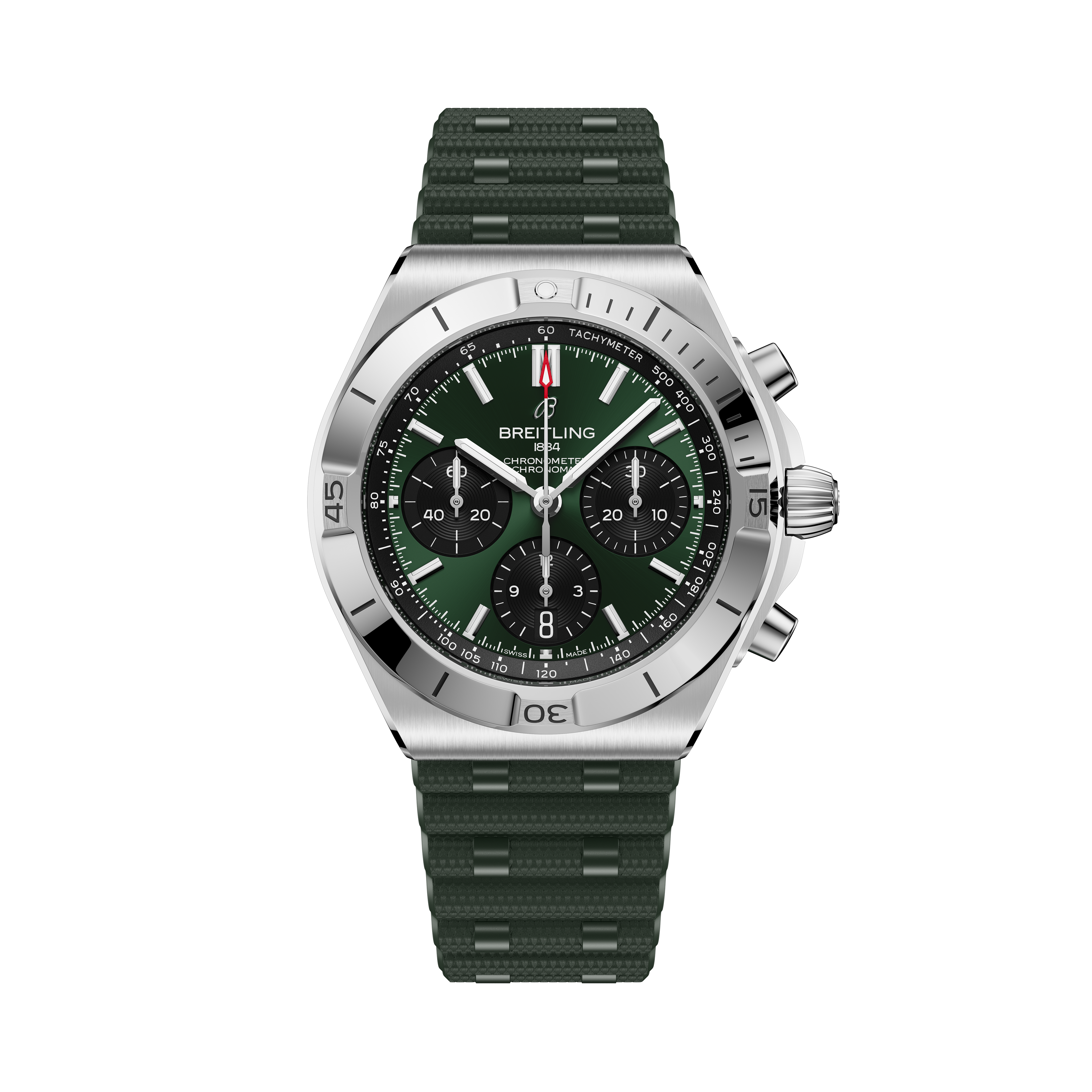 Breitling Chronomat B01 42 with stainless steel case, dark green dial, chronograph subdials, and matching green rubber strap.