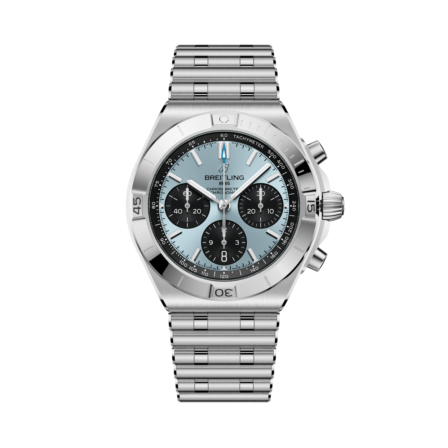 Breitling Chronomat B01 42 with stainless steel case, light blue dial, three black subdials, tachymeter bezel, and matching s
