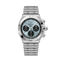 Breitling Chronomat B01 42 with stainless steel case, light blue dial, three black subdials, tachymeter bezel, and matching s