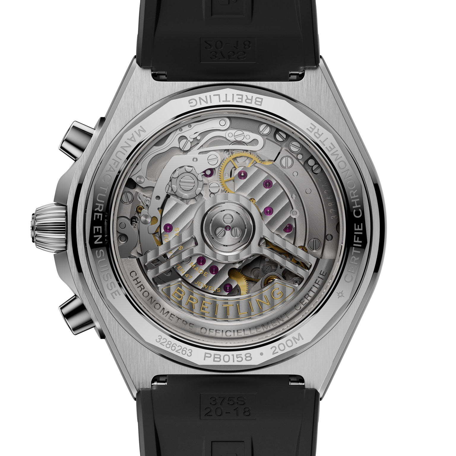 Stainless steel chronograph watch with visible mechanical movement through transparent caseback, black rubber strap.