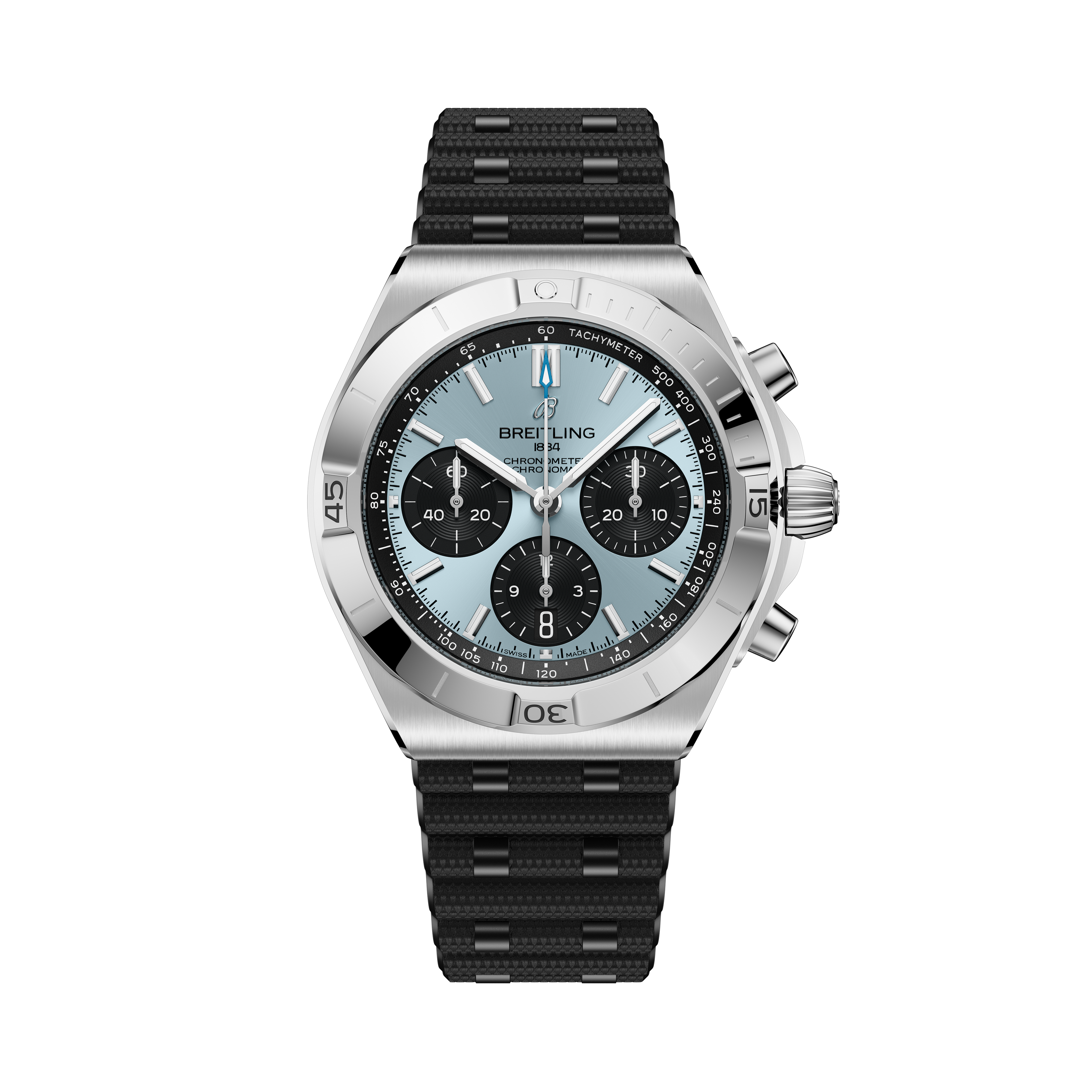 Stainless steel chronograph watch with light blue dial, three black subdials, tachymeter bezel, and black rubber strap.