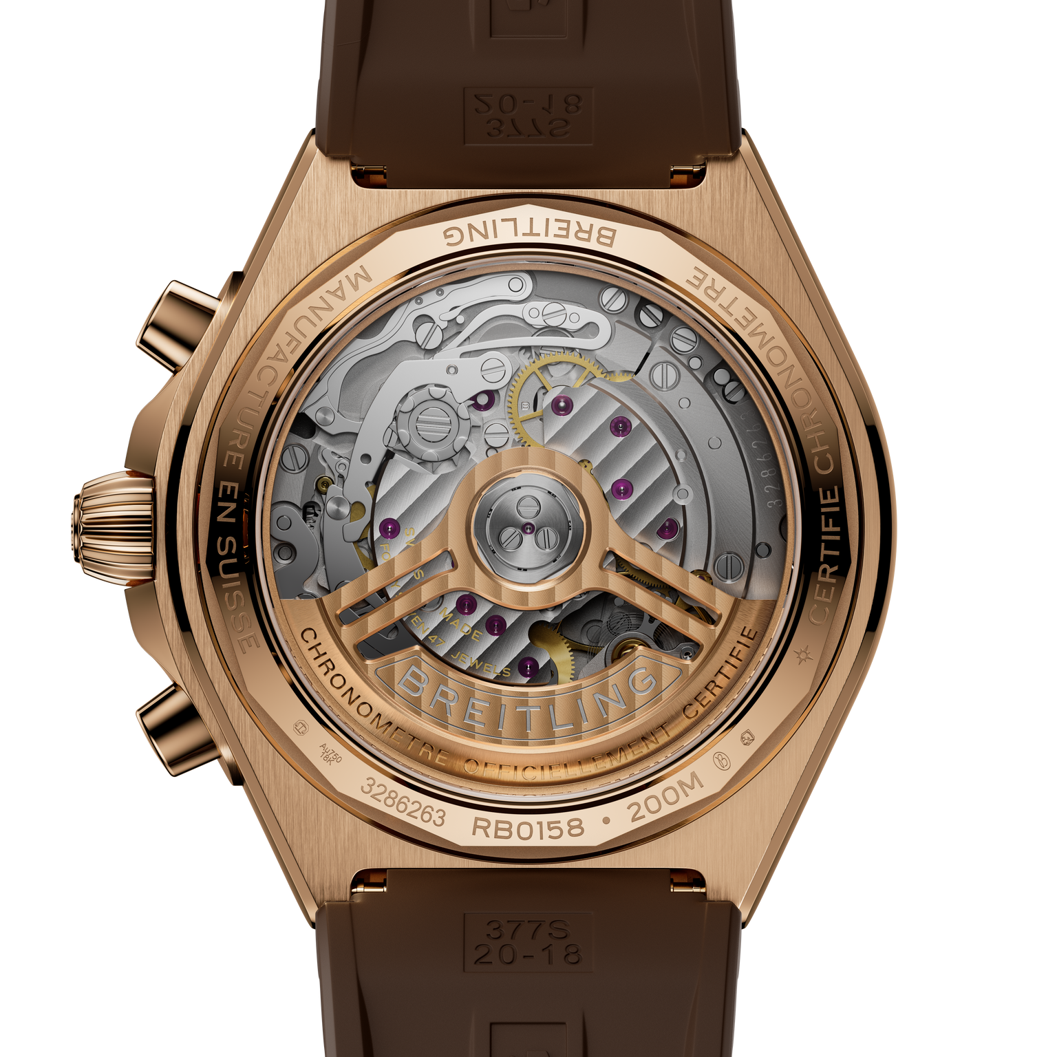 Rose gold watch with brown rubber strap and exposed mechanical movement visible through transparent case back.