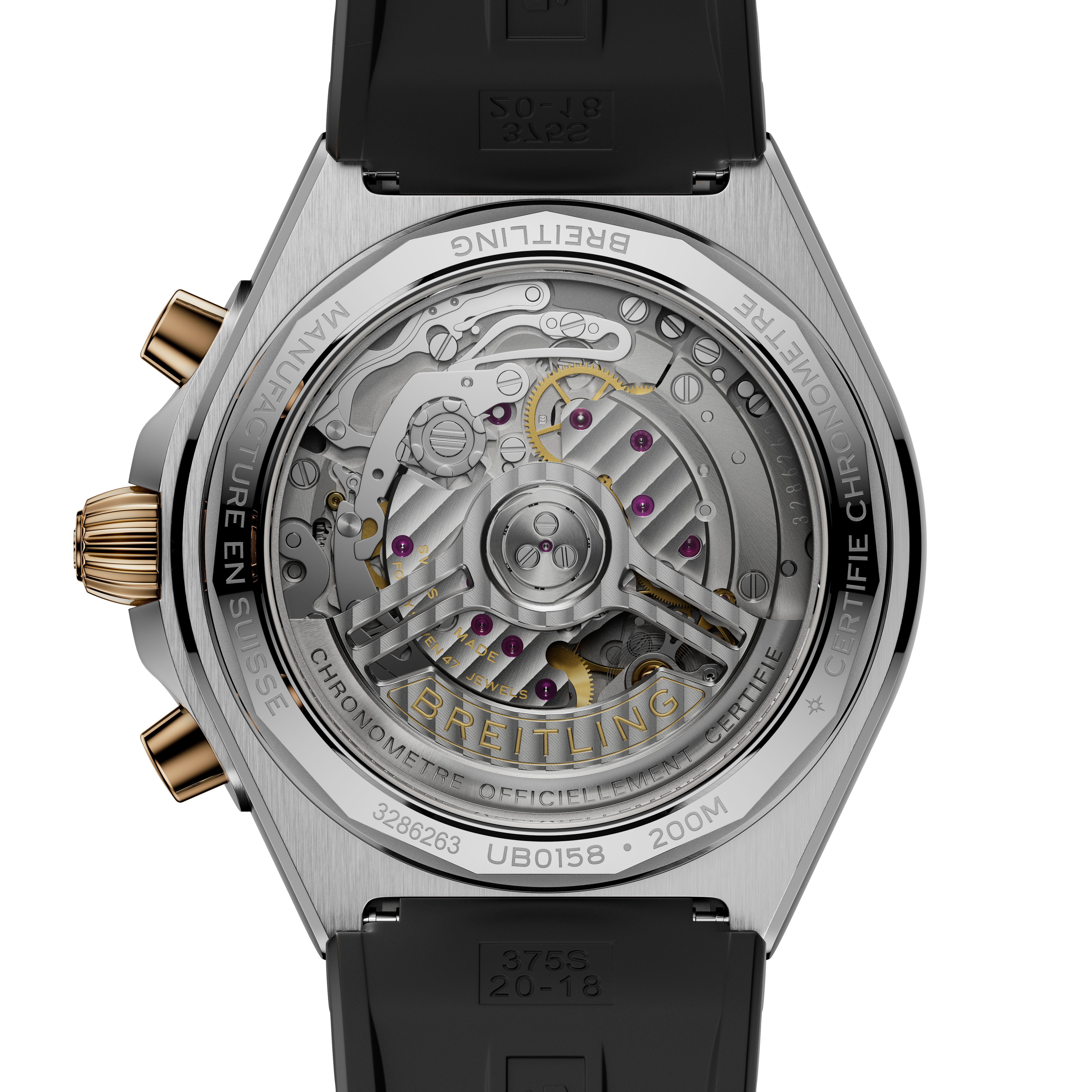 Stainless steel watch with exposed mechanical movement, gold-tone chronograph pushers, and black rubber strap.