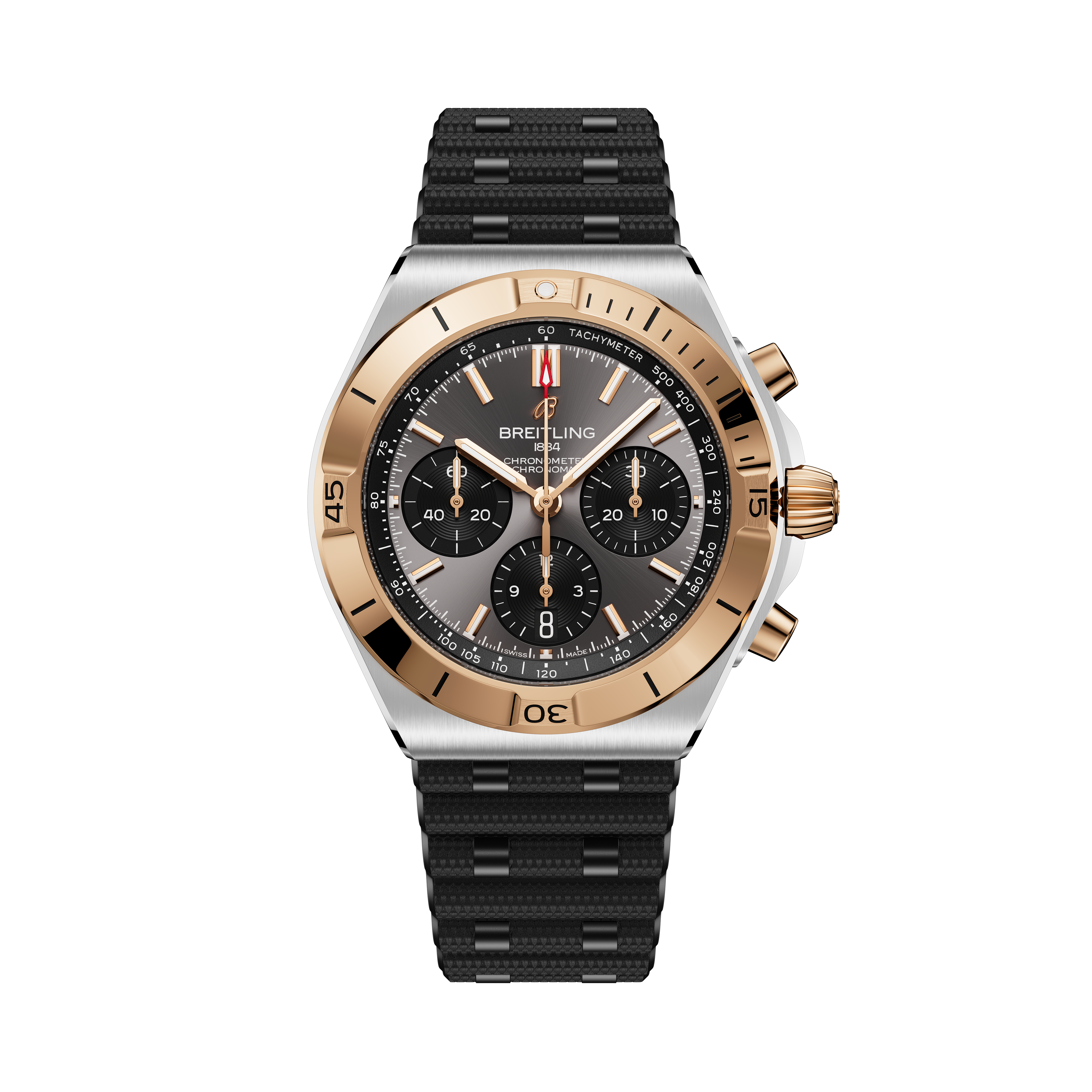 Breitling Chronomat B01 42 chronograph watch with two-tone steel and rose gold case, black dial, and black rubber strap.