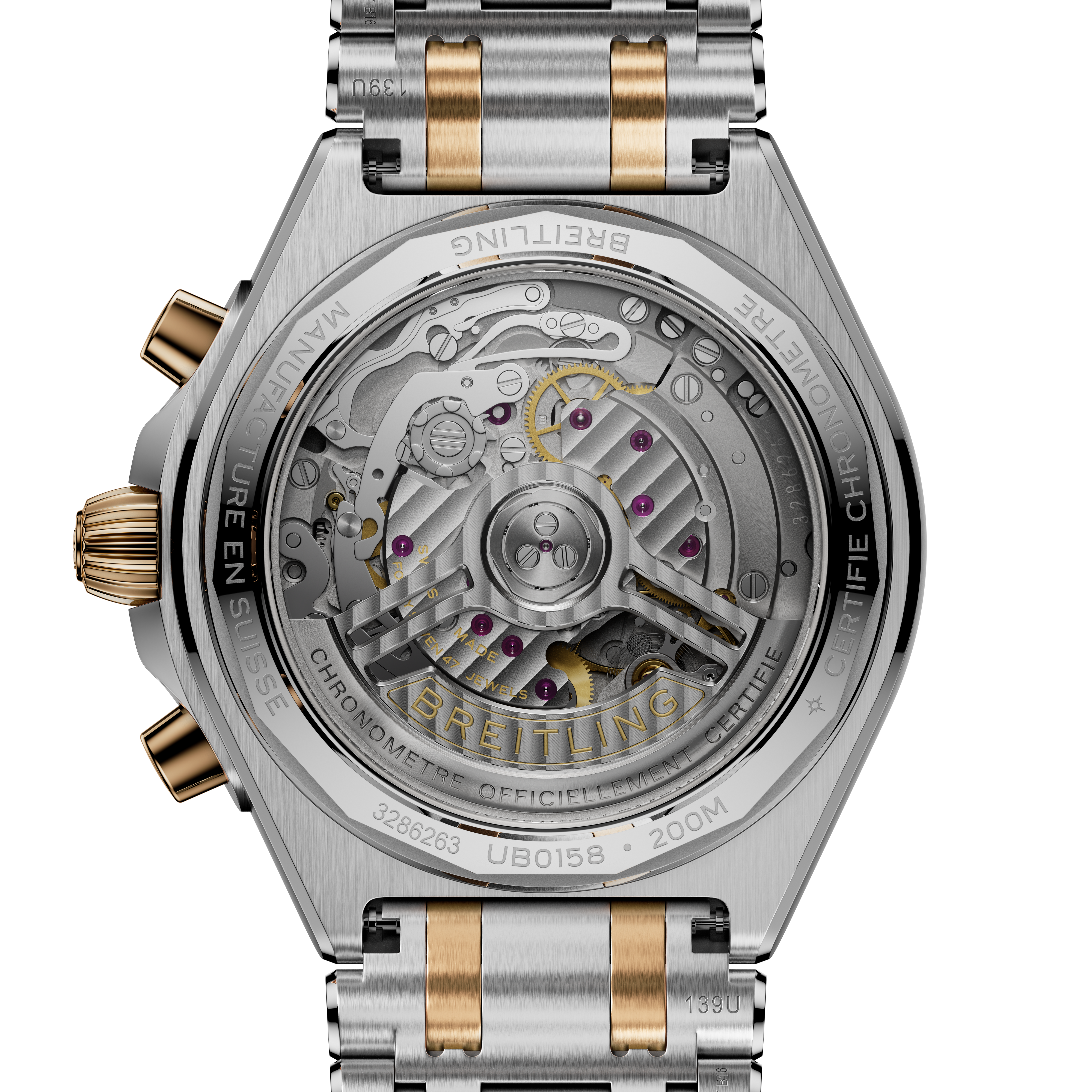 Chronomat B01 42 watch with two-tone steel and gold bracelet, showing exposed movement through transparent caseback with visi