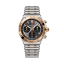 Breitling Chronomat B01 42 with two-tone steel and rose gold case, black dial, and matching bracelet.