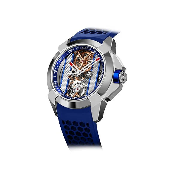 Silver and blue skeleton watch with exposed mechanical movement and blue rubber strap.