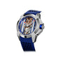 Silver and blue skeleton watch with exposed mechanical movement and blue rubber strap.