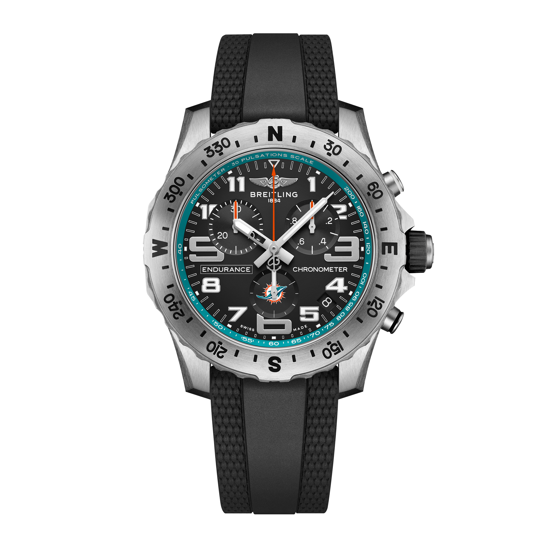 The Breitling Endurance Pro 44 Miami Dolphins Edition features a black case, silver bezel, bold white numerals, a black textured strap, and turquoise Miami Dolphins-inspired accents on the dial, shown against a plain white background.