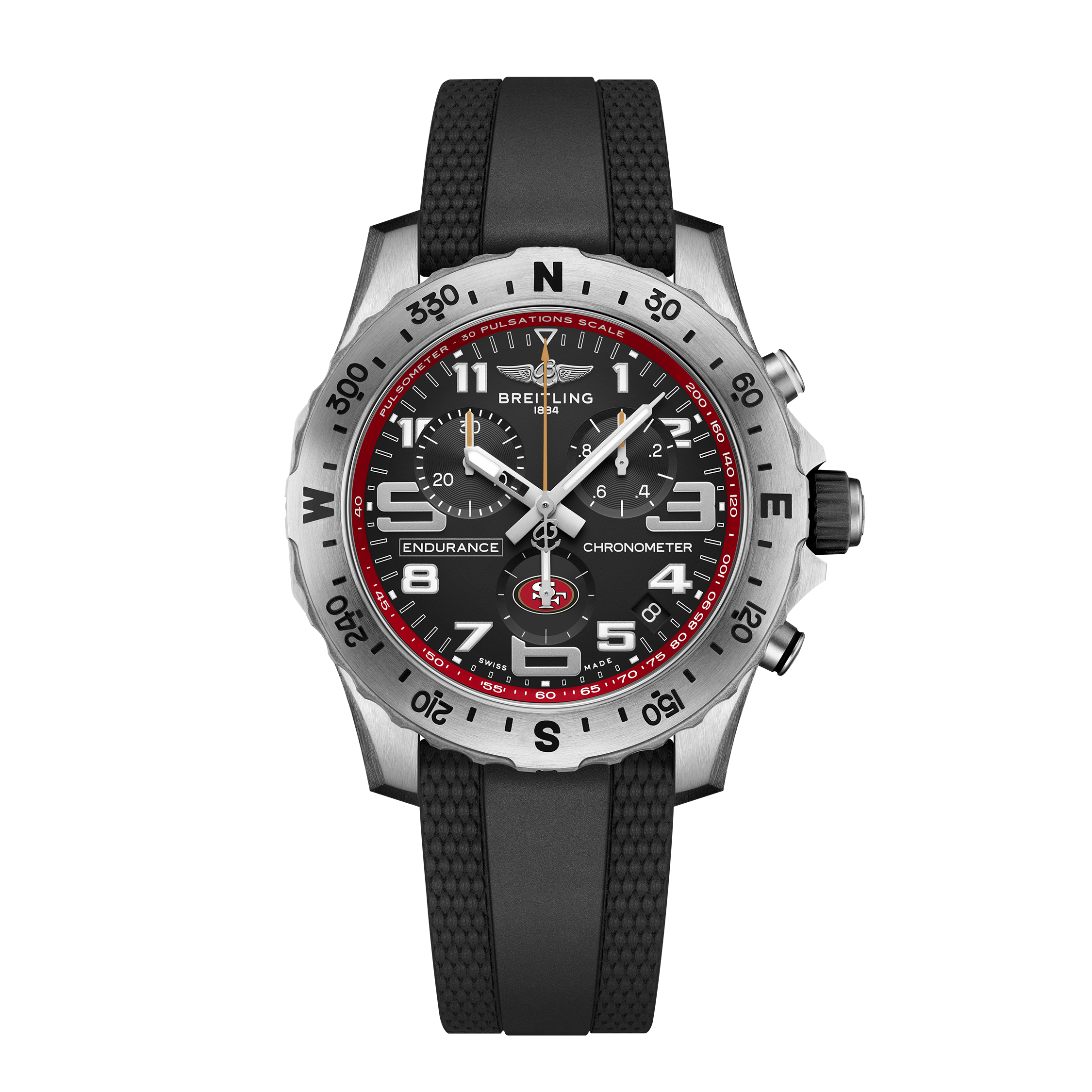 The Breitling Endurance Pro 44 San Francisco 49ers Edition pairs a black face, silver bezel, black rubber strap, and red accents to honor its NFL official timepiece status, with chronograph dials, white markers, textured crown, and right-side pushers.
