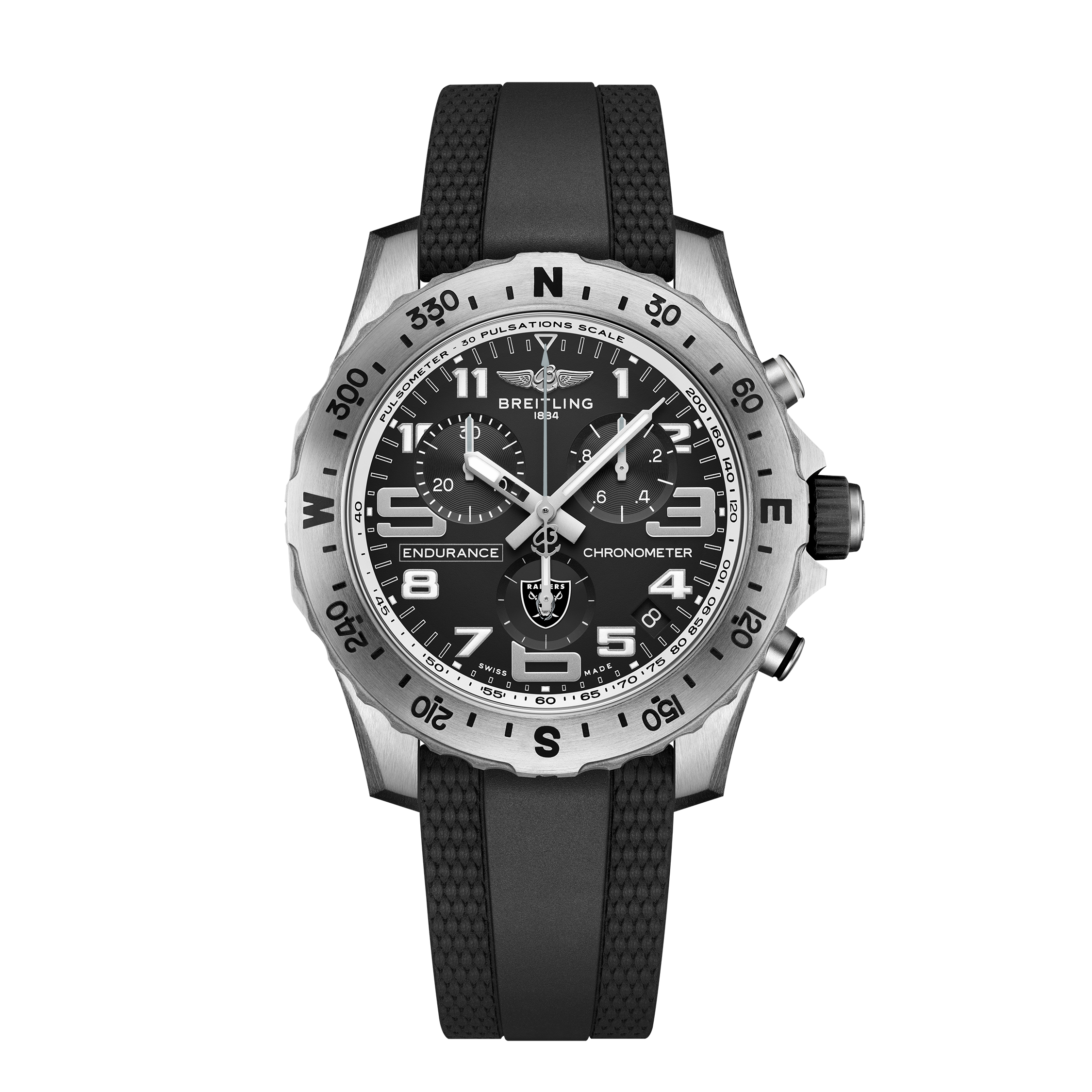 The Breitling Endurance Pro 44 Las Vegas Raiders Edition features a black dial, silver bezel, black rubber strap, white numeral markings, multiple subdials, and bold white hour markers.