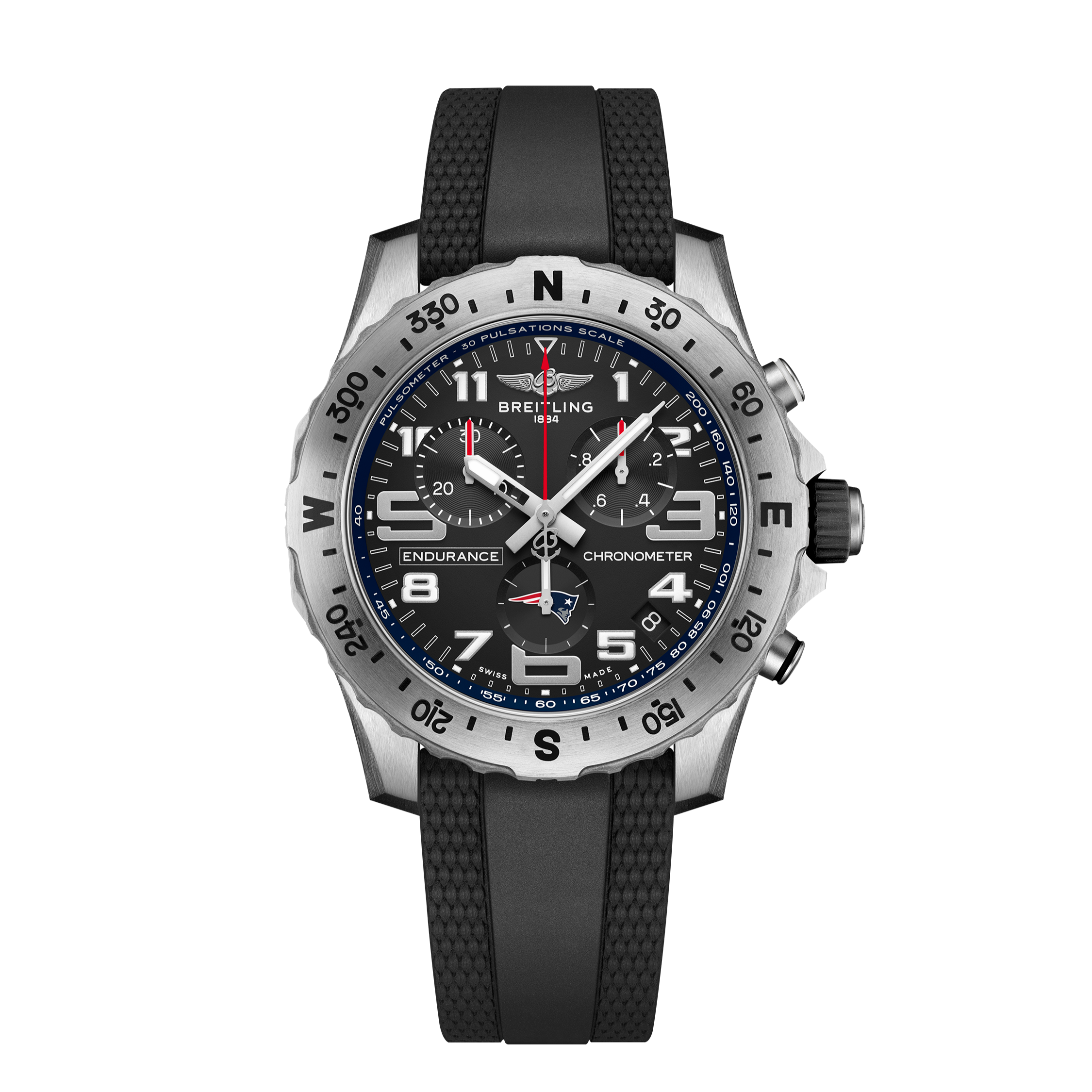 The Breitling Endurance Pro 44 New England Patriots Edition features a black rubber strap, silver compass bezel, and black dial with white numerals, subdials, and red accents—ideal for Patriots fans.