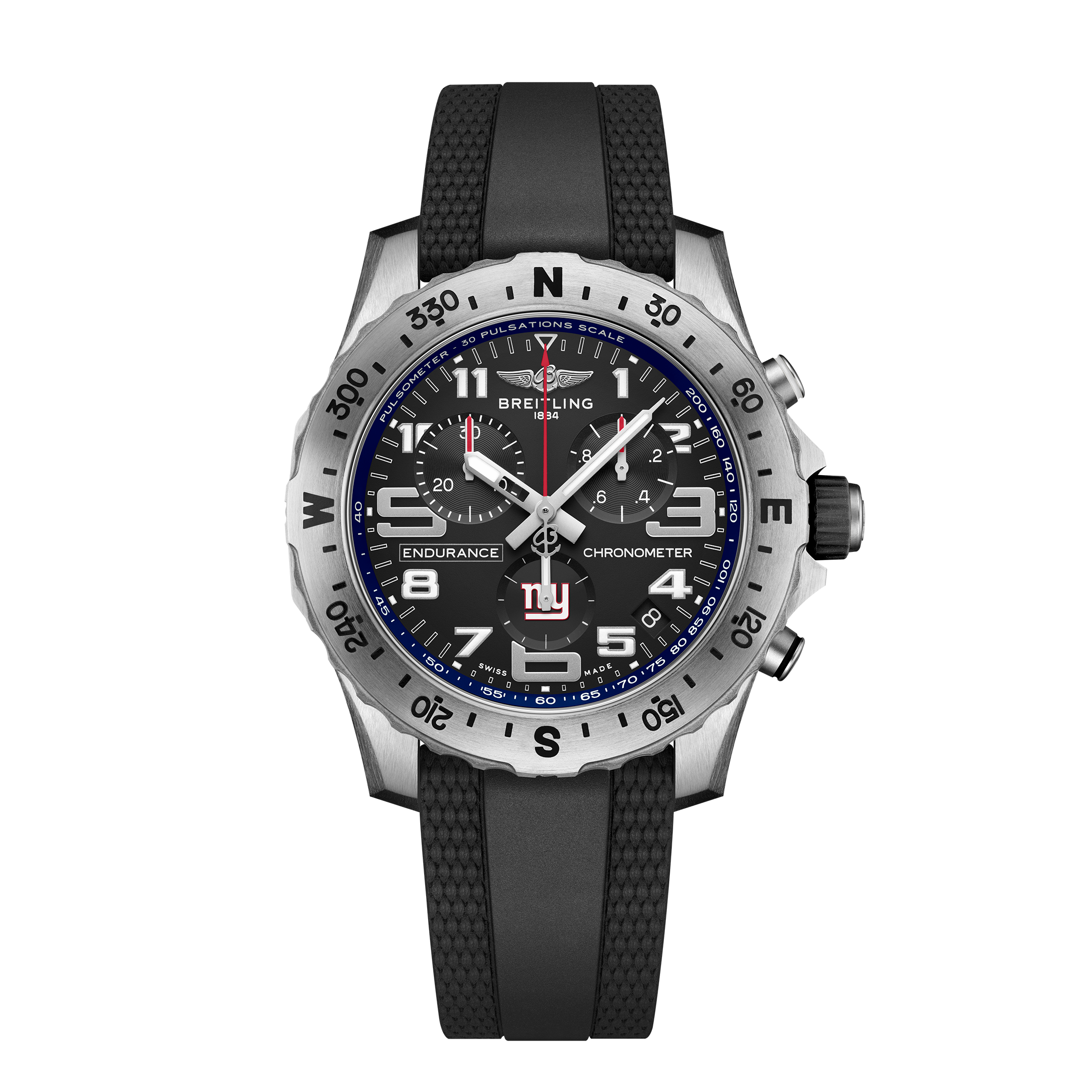 The Breitling Endurance Pro 44 New York Giants Edition features a black strap and dial, silver compass-marked bezel, red and white accents, three subdials, and the New York Giants logo above 6 o’clock.