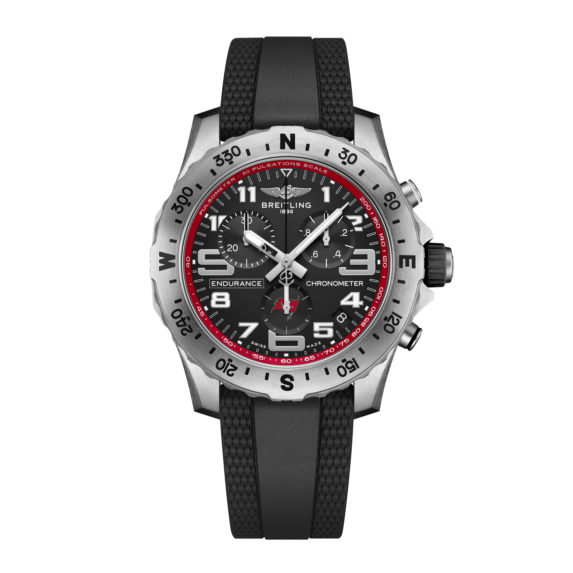 The Breitling Endurance Pro 44 Tampa Bay Buccaneers Edition features a black dial, white numerals, red accents, three subdials, compass bezel, and a textured black rubber strap—a bold choice for Buccaneers fans.